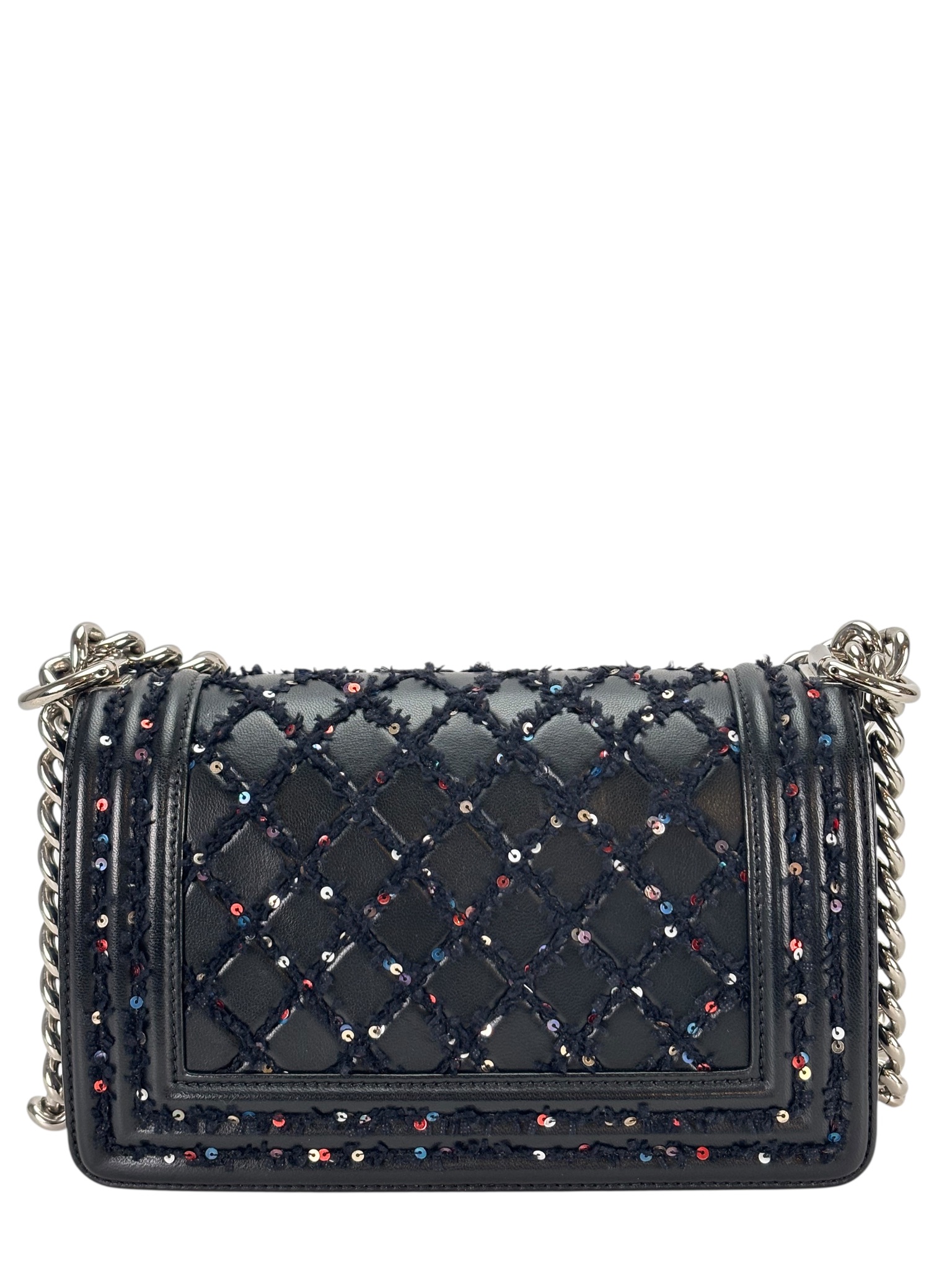 CHANEL - Small Boy Flap Bag Black Tweed Sequin Sliver Hardware