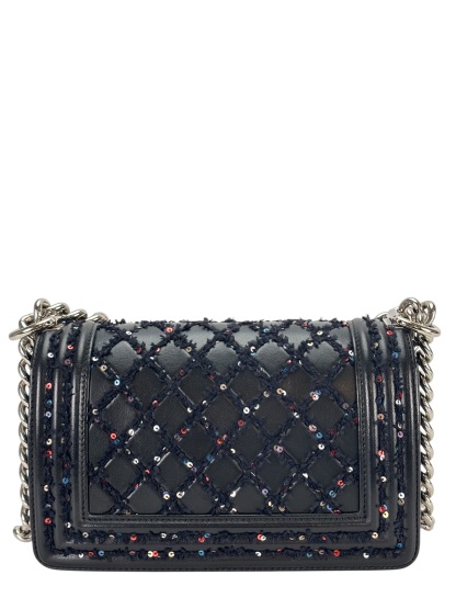 CHANEL - Small Boy Flap Bag Black Tweed Sequin Sliver Hardware