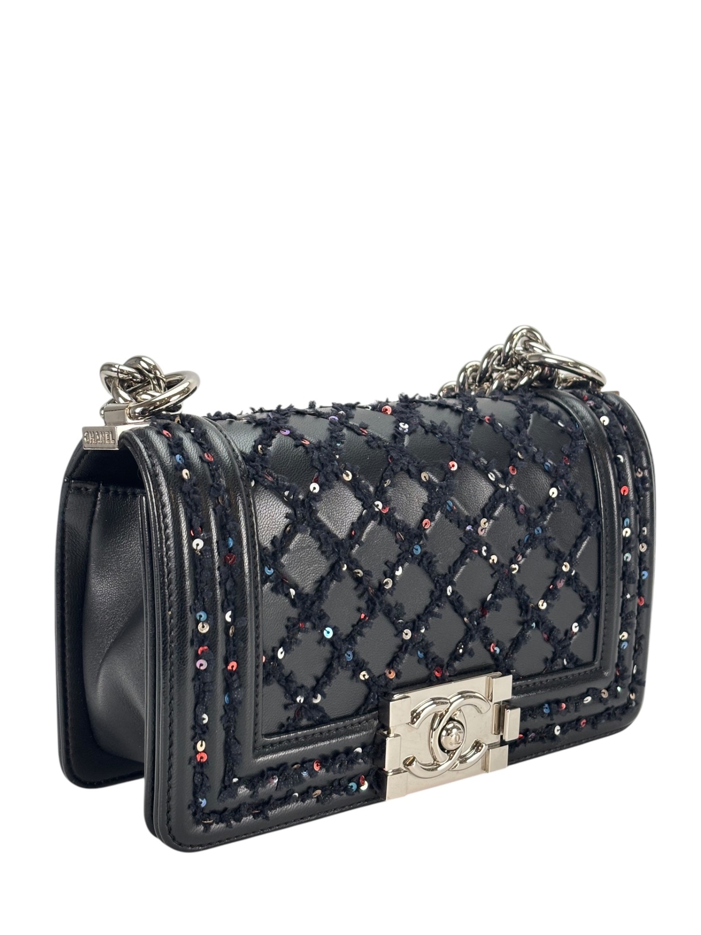 CHANEL - Small Boy Flap Bag Black Tweed Sequin Sliver Hardware
