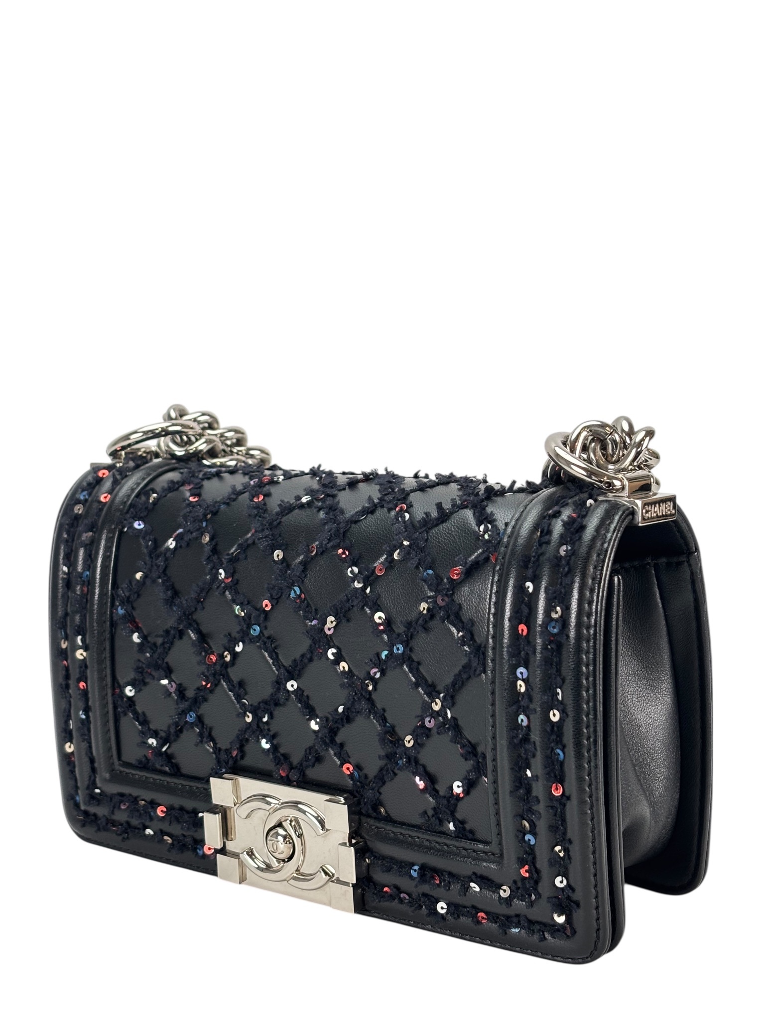 CHANEL - Small Boy Flap Bag Black Tweed Sequin Sliver Hardware
