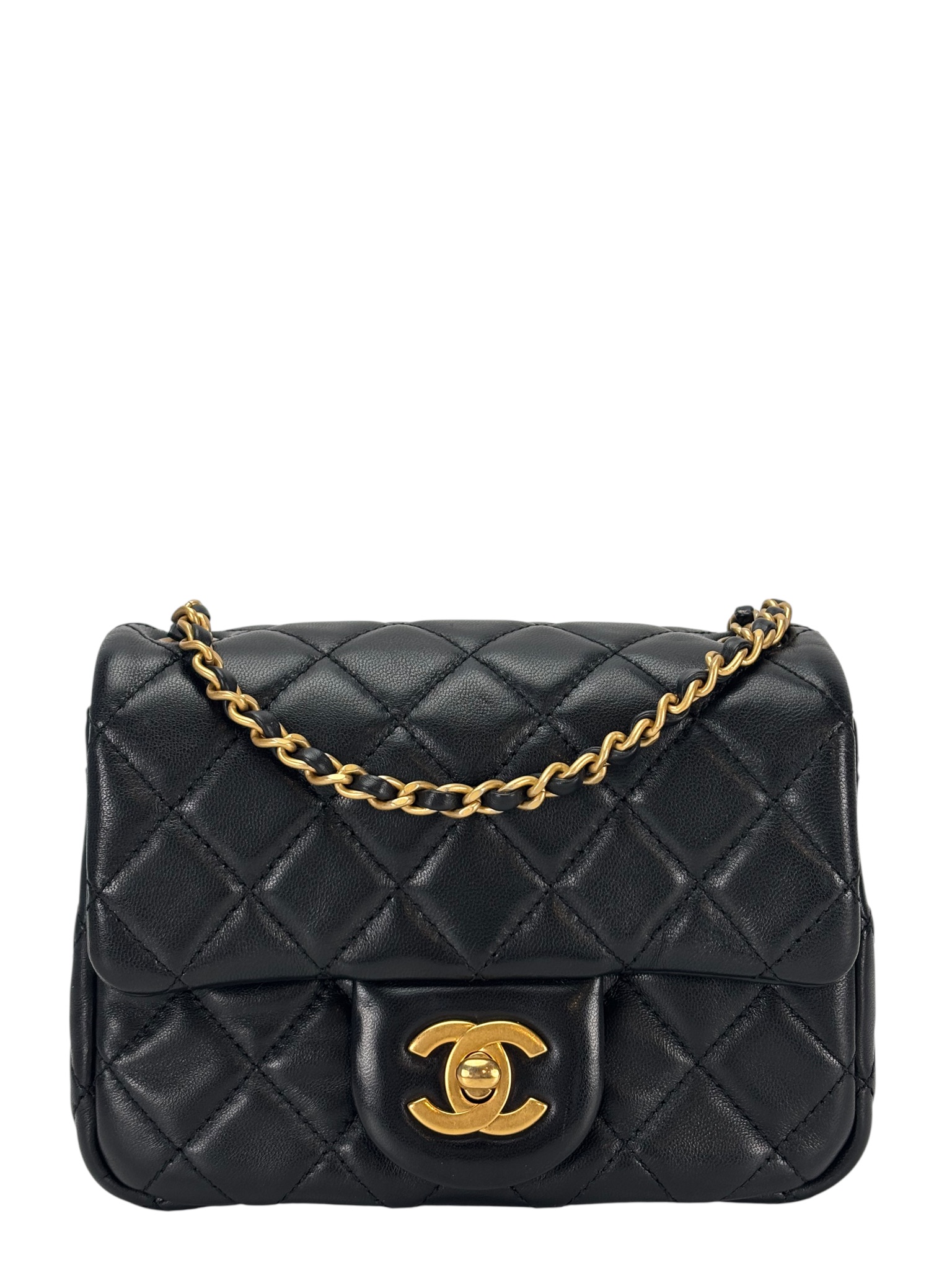 CHANEL - Black Lambskin Mini Classic Square Flap Shoulder Bag 17