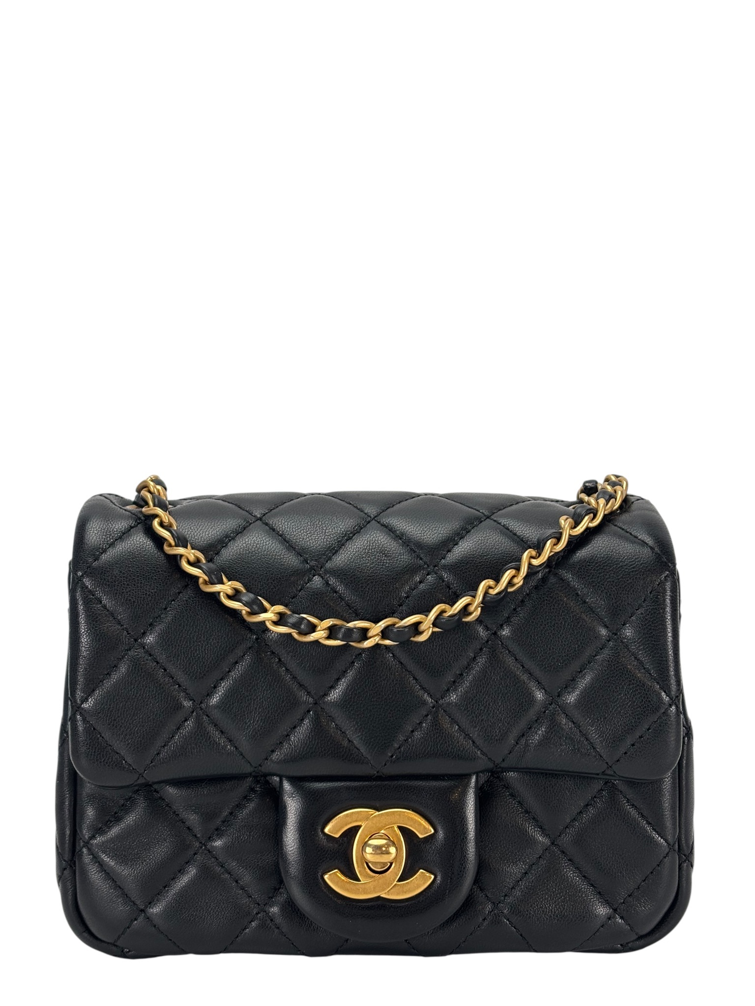 CHANEL - Black Lambskin Mini Classic Square Flap Shoulder Bag 17