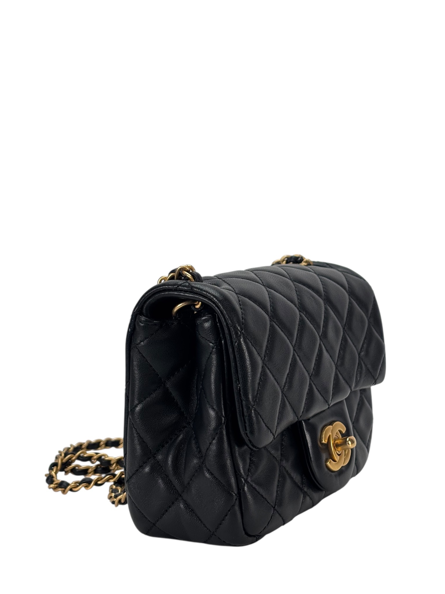 CHANEL - Black Lambskin Mini Classic Square Flap Shoulder Bag 17