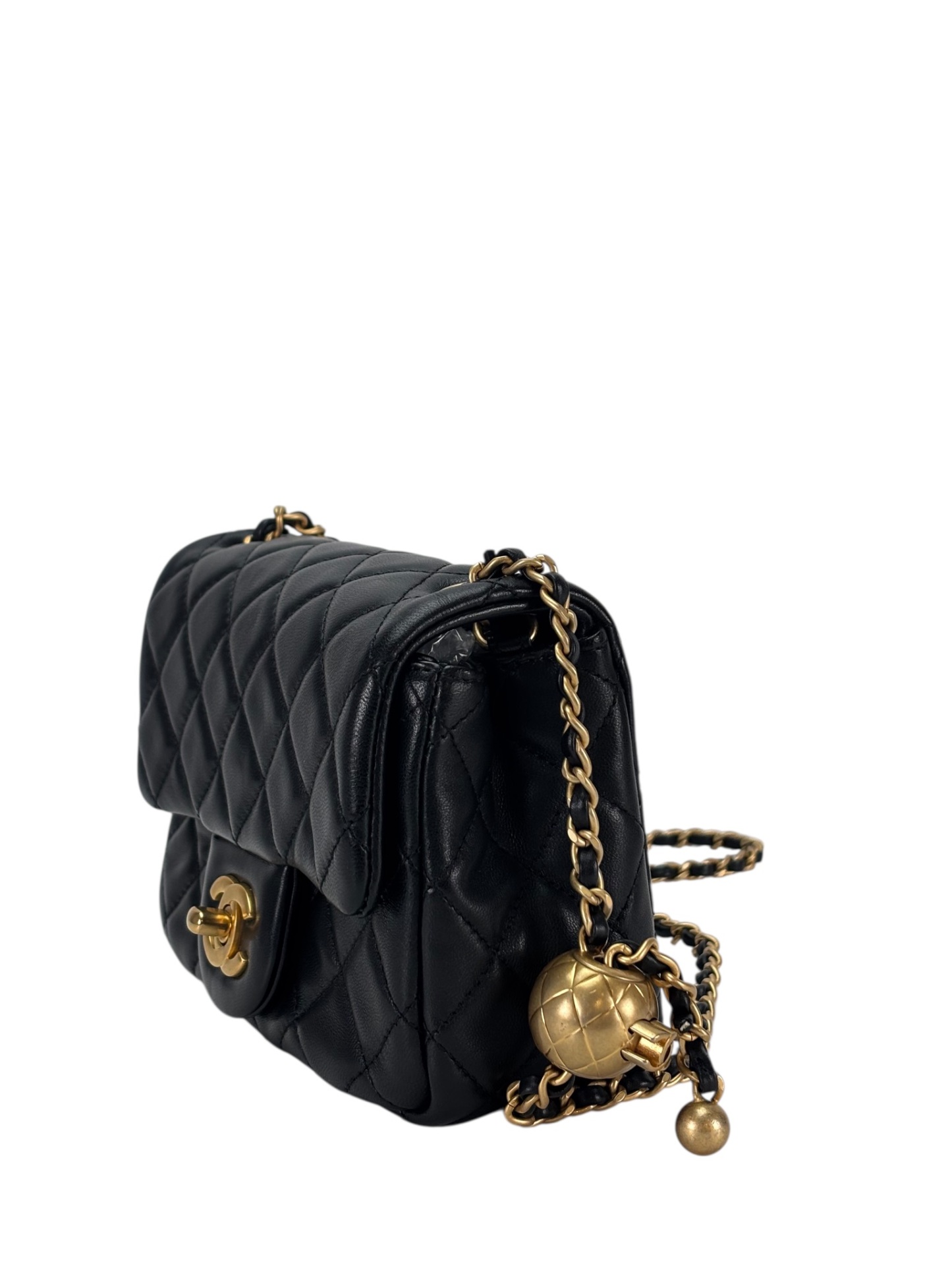 CHANEL - Black Lambskin Mini Classic Square Flap Shoulder Bag 17