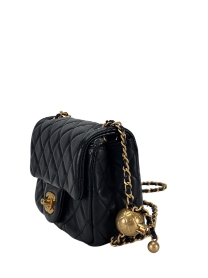 CHANEL - Black Lambskin Mini Classic Square Flap Shoulder Bag 17