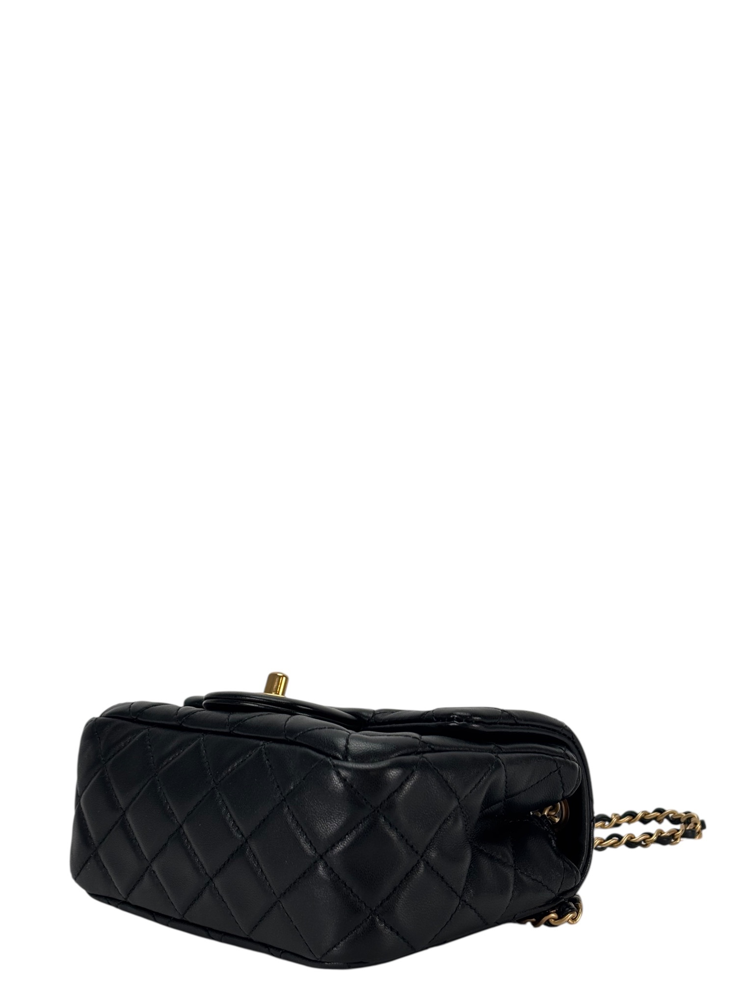 CHANEL - Black Lambskin Mini Classic Square Flap Shoulder Bag 17