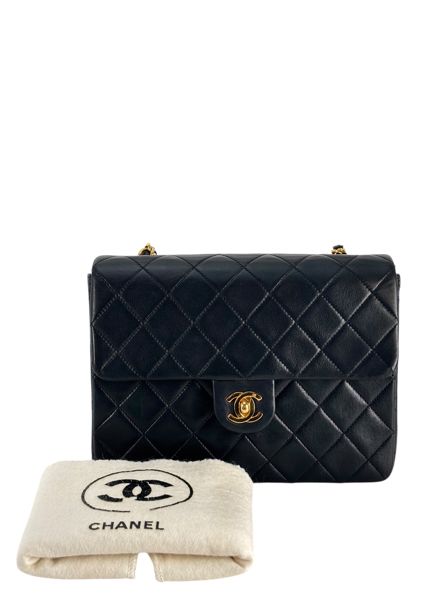 CHANEL - Black Lambskin Mini Classic Square Flap Shoulder Bag 17