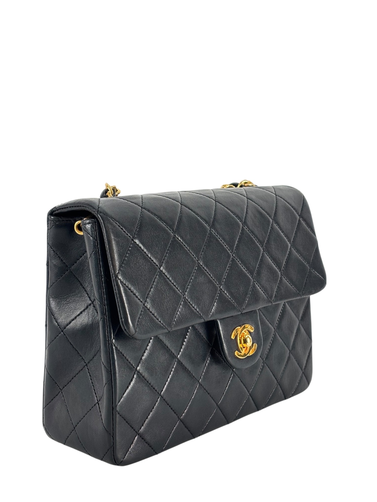 CHANEL - Black Lambskin Mini Classic Square Flap Shoulder Bag 17