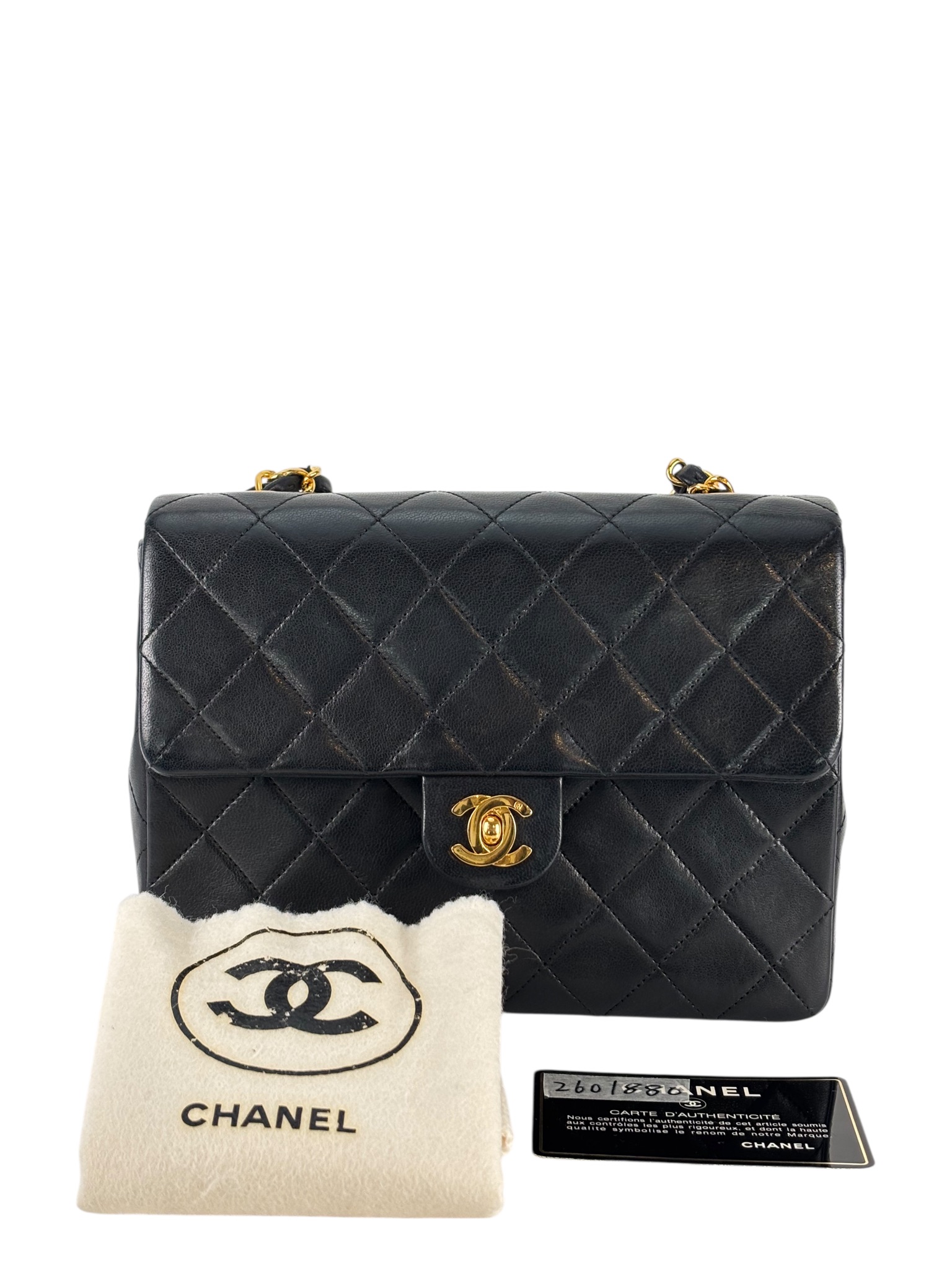 CHANEL - Black Lambskin Mini Classic Square Flap Shoulder Bag 17