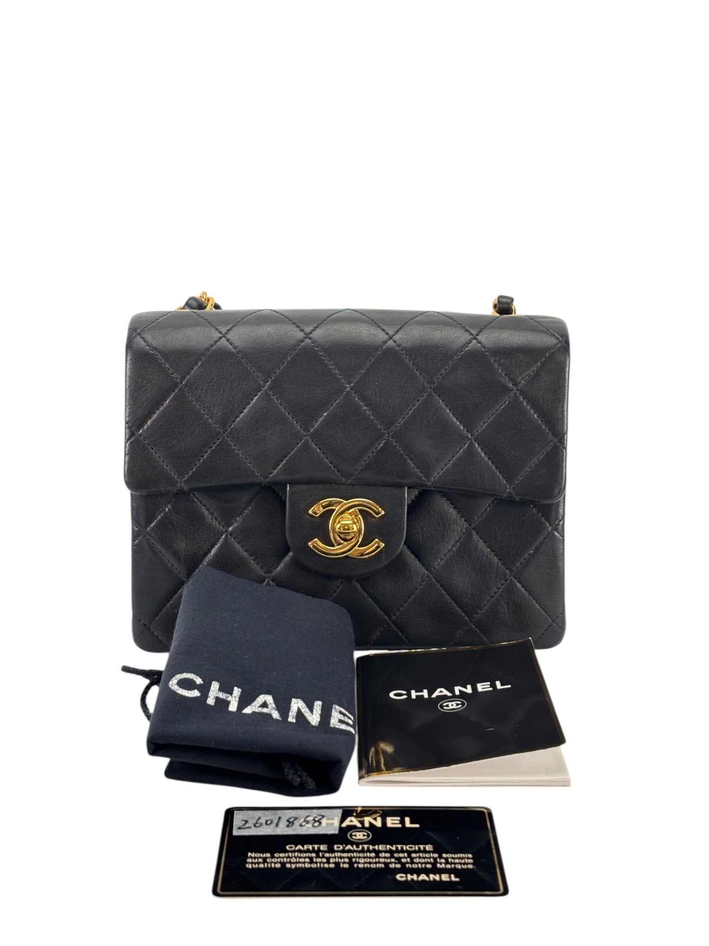 CHANEL - Black Lambskin Mini Classic Square Flap Shoulder Bag 17