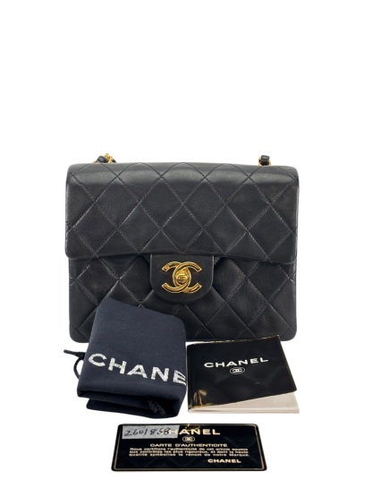 CHANEL - Black Lambskin Mini Classic Square Flap Shoulder Bag 17