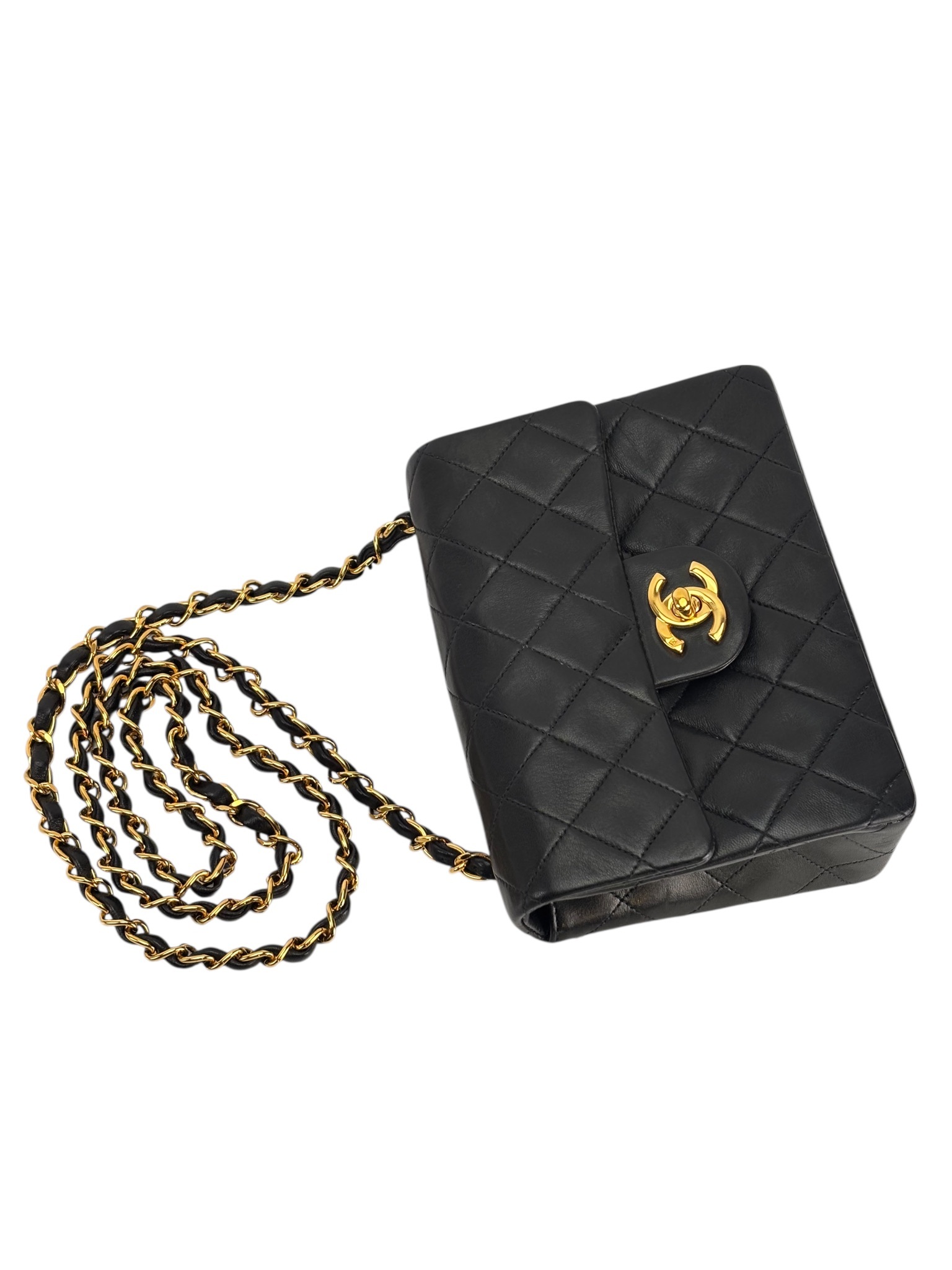 CHANEL - Black Lambskin Mini Classic Square Flap Shoulder Bag 17