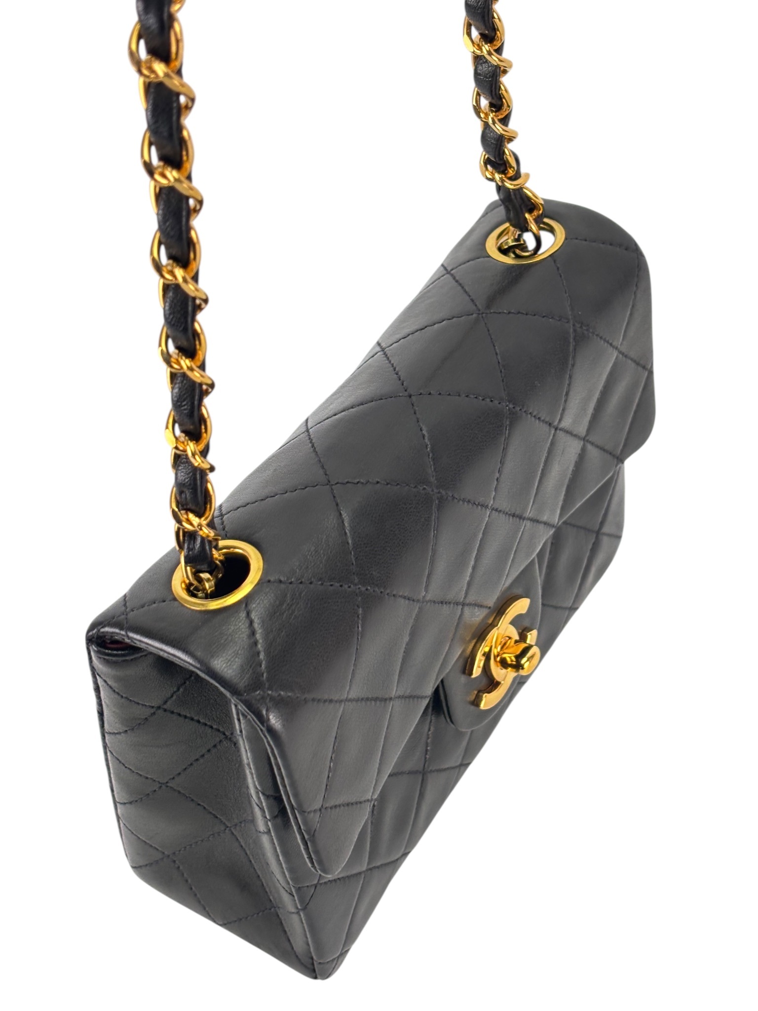 CHANEL - Black Lambskin Mini Classic Square Flap Shoulder Bag 17