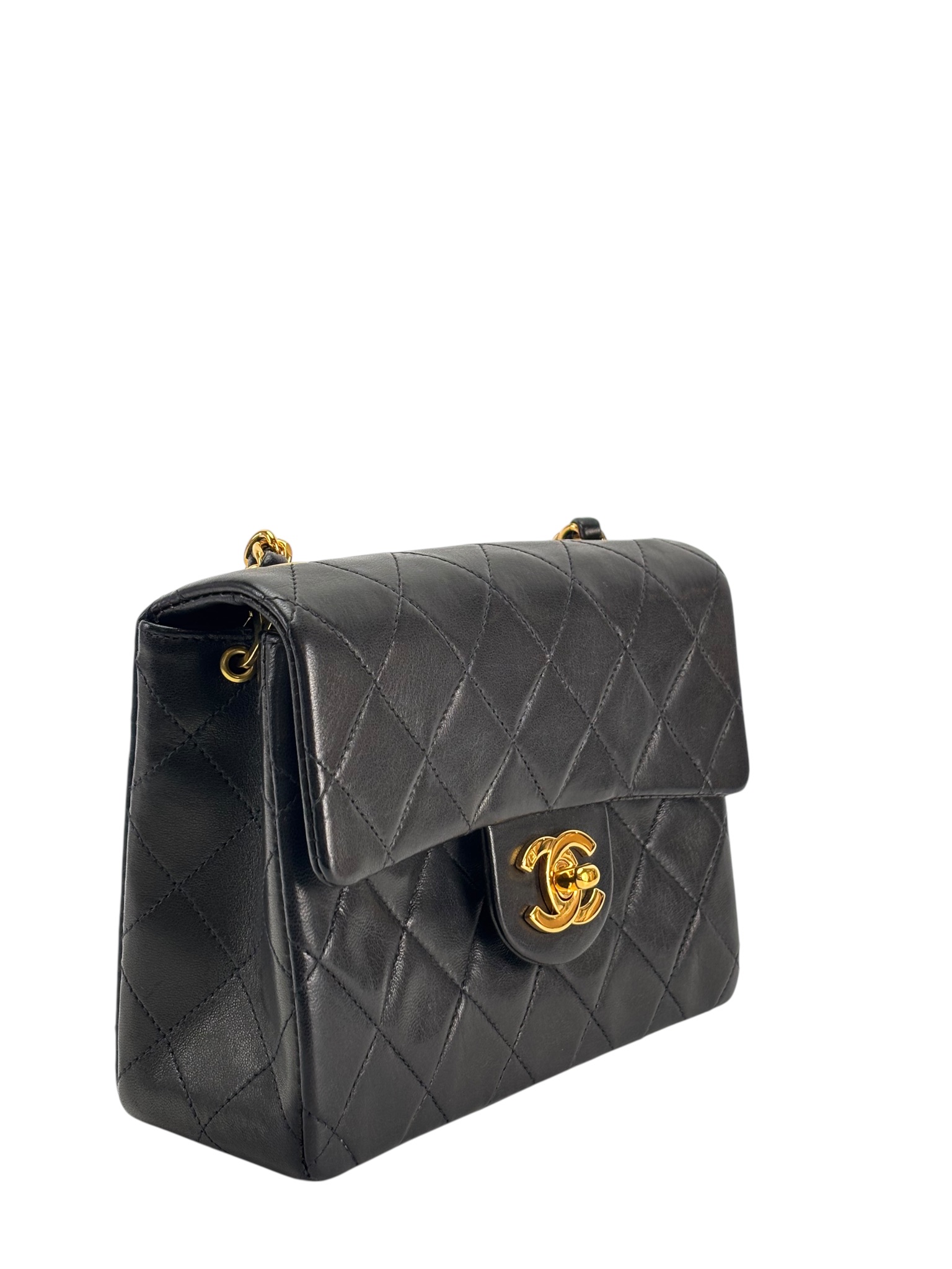 CHANEL - Black Lambskin Mini Classic Square Flap Shoulder Bag 17