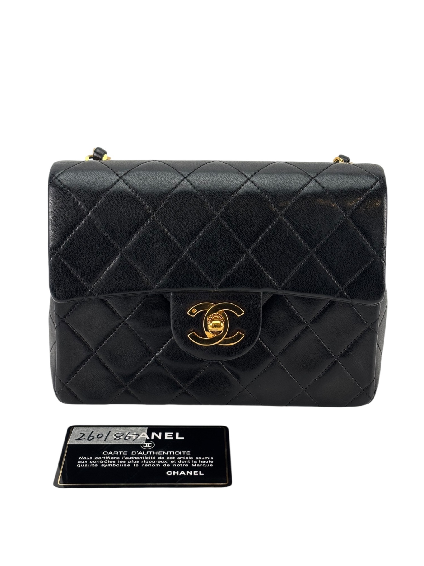 CHANEL - Black Lambskin Mini Classic Square Flap Shoulder Bag 17
