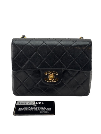 CHANEL - Black Lambskin Mini Classic Square Flap Shoulder Bag 17