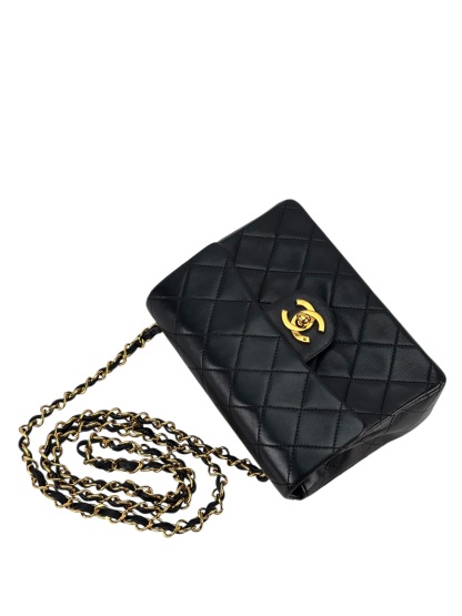 CHANEL - Black Lambskin Mini Classic Square Flap Shoulder Bag 17