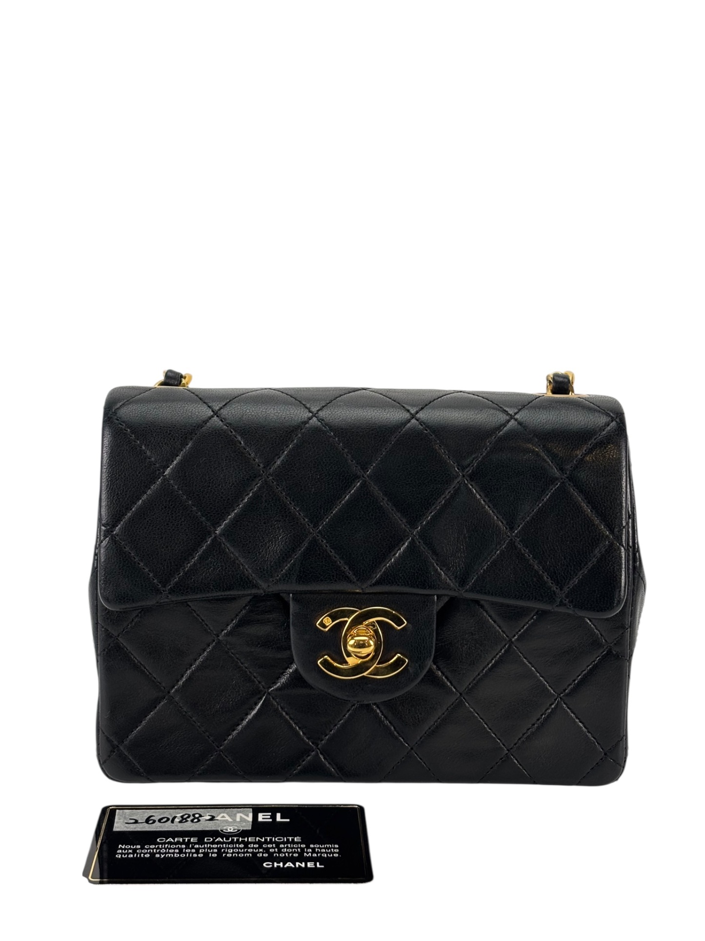 CHANEL - Black Lambskin Mini Classic Square Flap Shoulder Bag 17