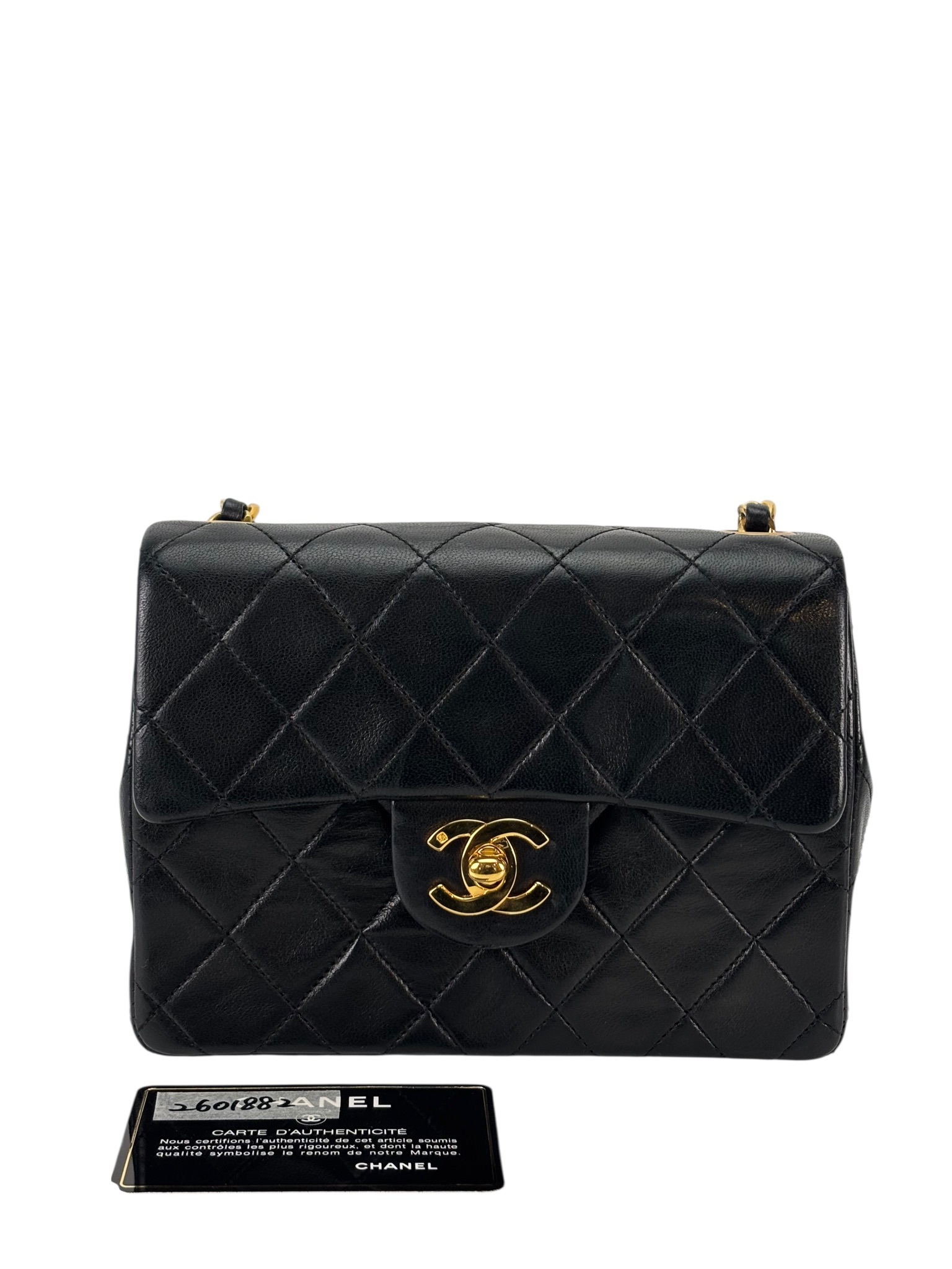 CHANEL - Black Lambskin Mini Classic Square Flap Shoulder Bag 17