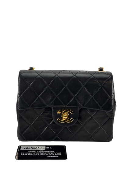 CHANEL - Black Lambskin Mini Classic Square Flap Shoulder Bag 17