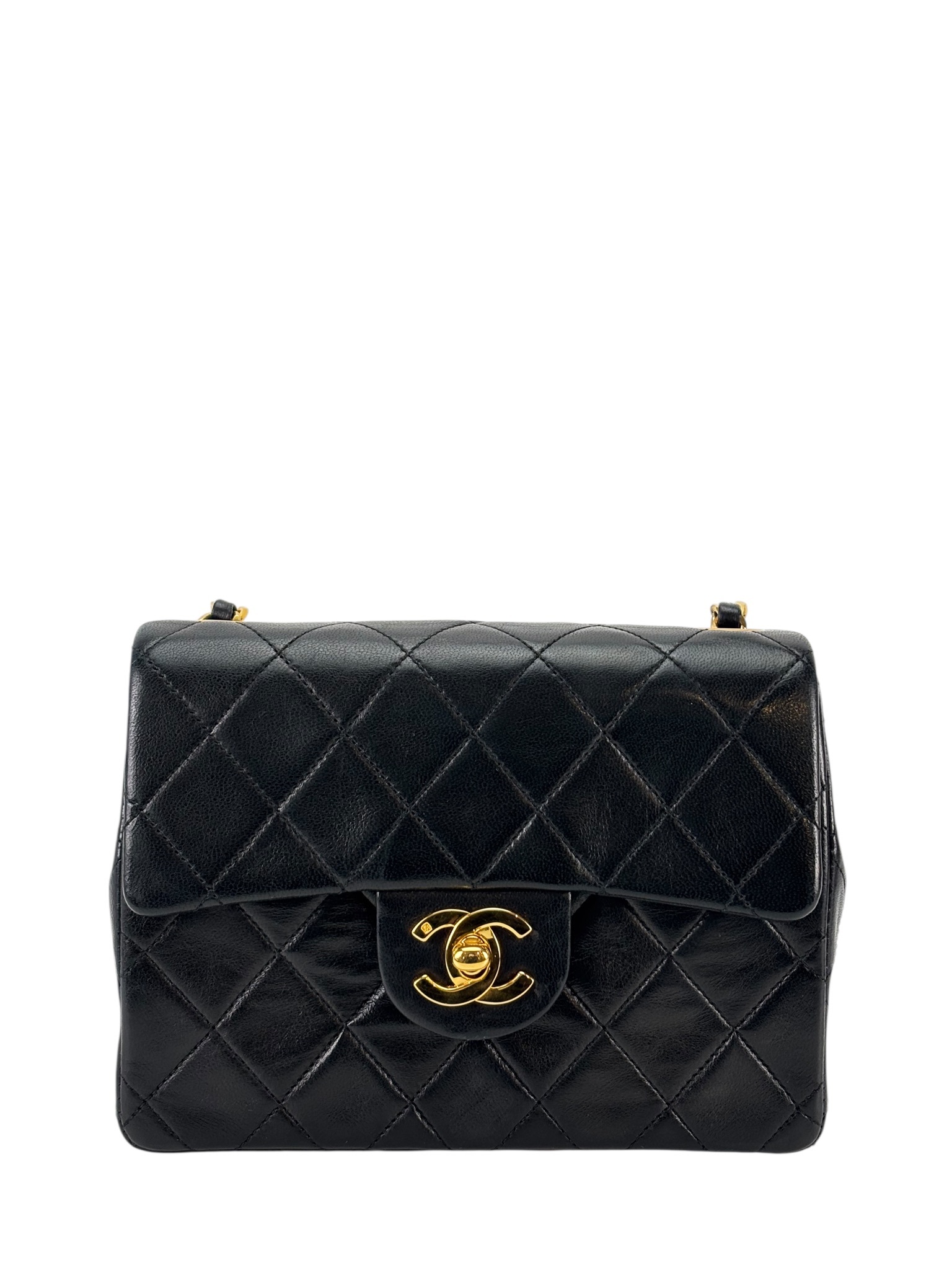 CHANEL - Black Lambskin Mini Classic Square Flap Shoulder Bag 17