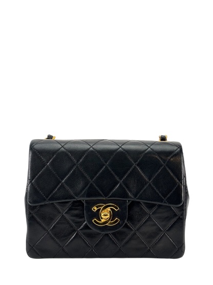 CHANEL - Black Lambskin Mini Classic Square Flap Shoulder Bag 17