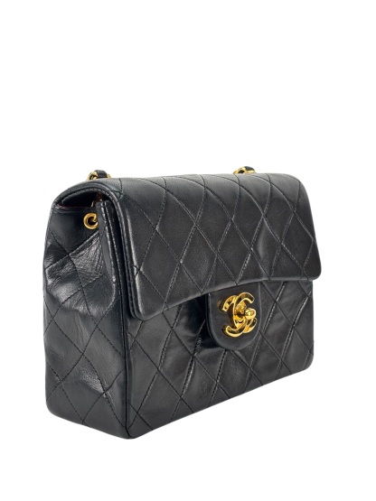 CHANEL - Black Lambskin Mini Classic Square Flap Shoulder Bag 17