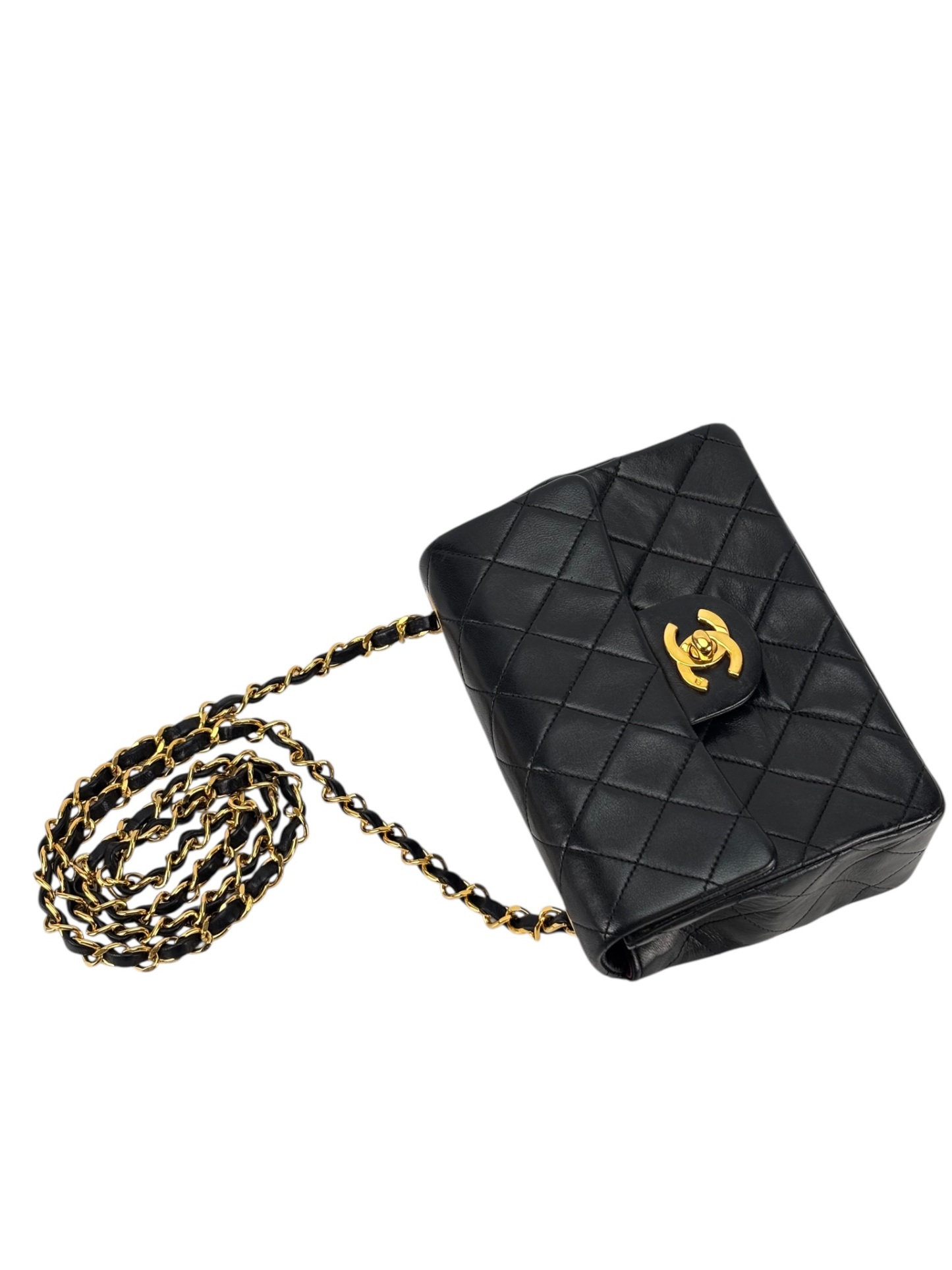 CHANEL - Black Lambskin Mini Classic Square Flap Shoulder Bag 17