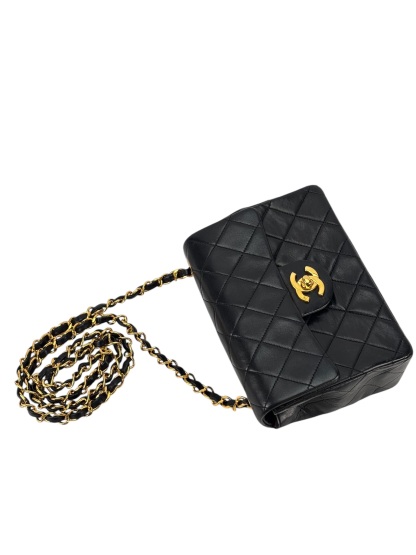 CHANEL - Black Lambskin Mini Classic Square Flap Shoulder Bag 17
