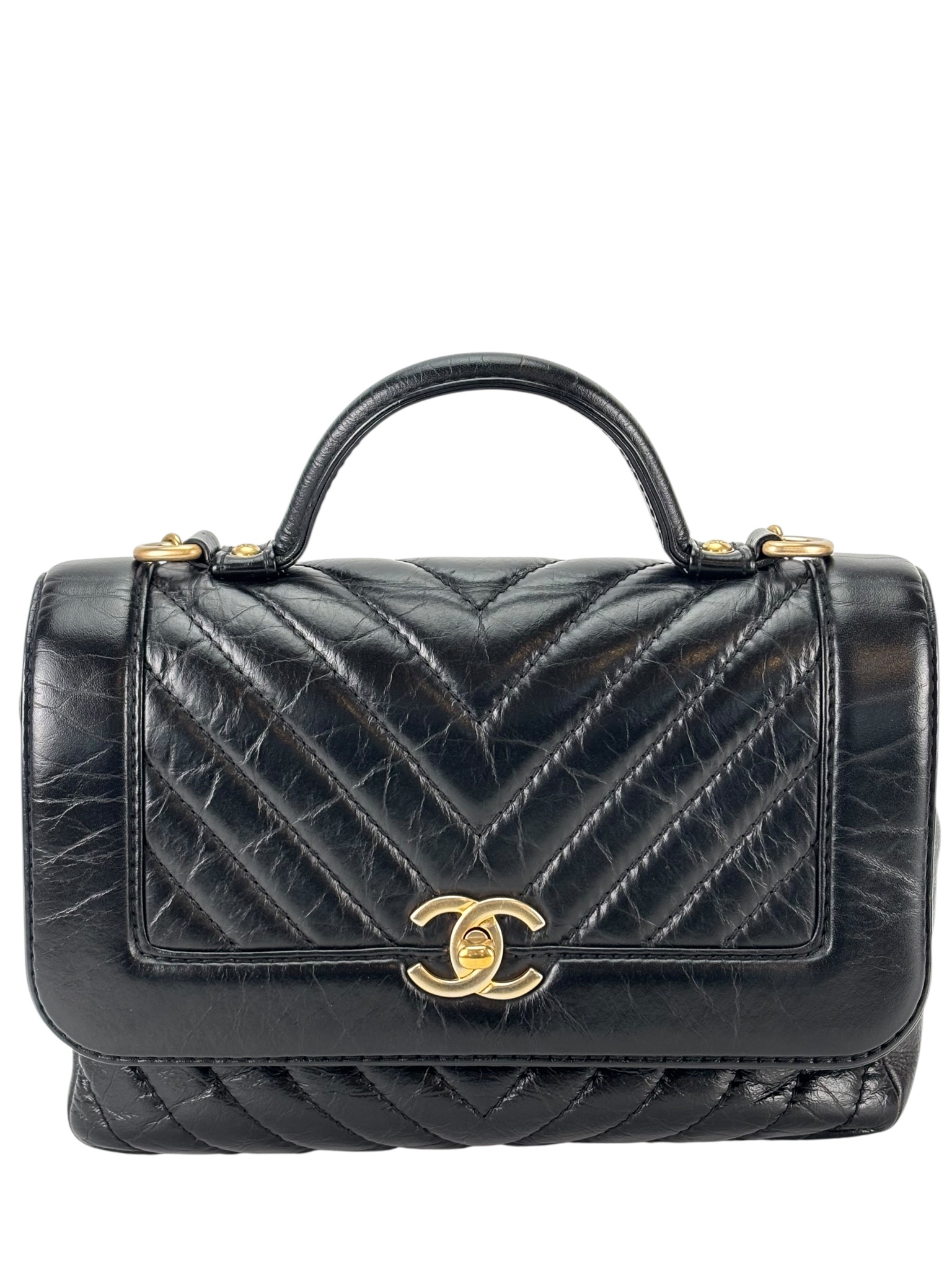 CHANEL - Black Calfskin Top Handle Flap Bag Chevron Crossbody Bag