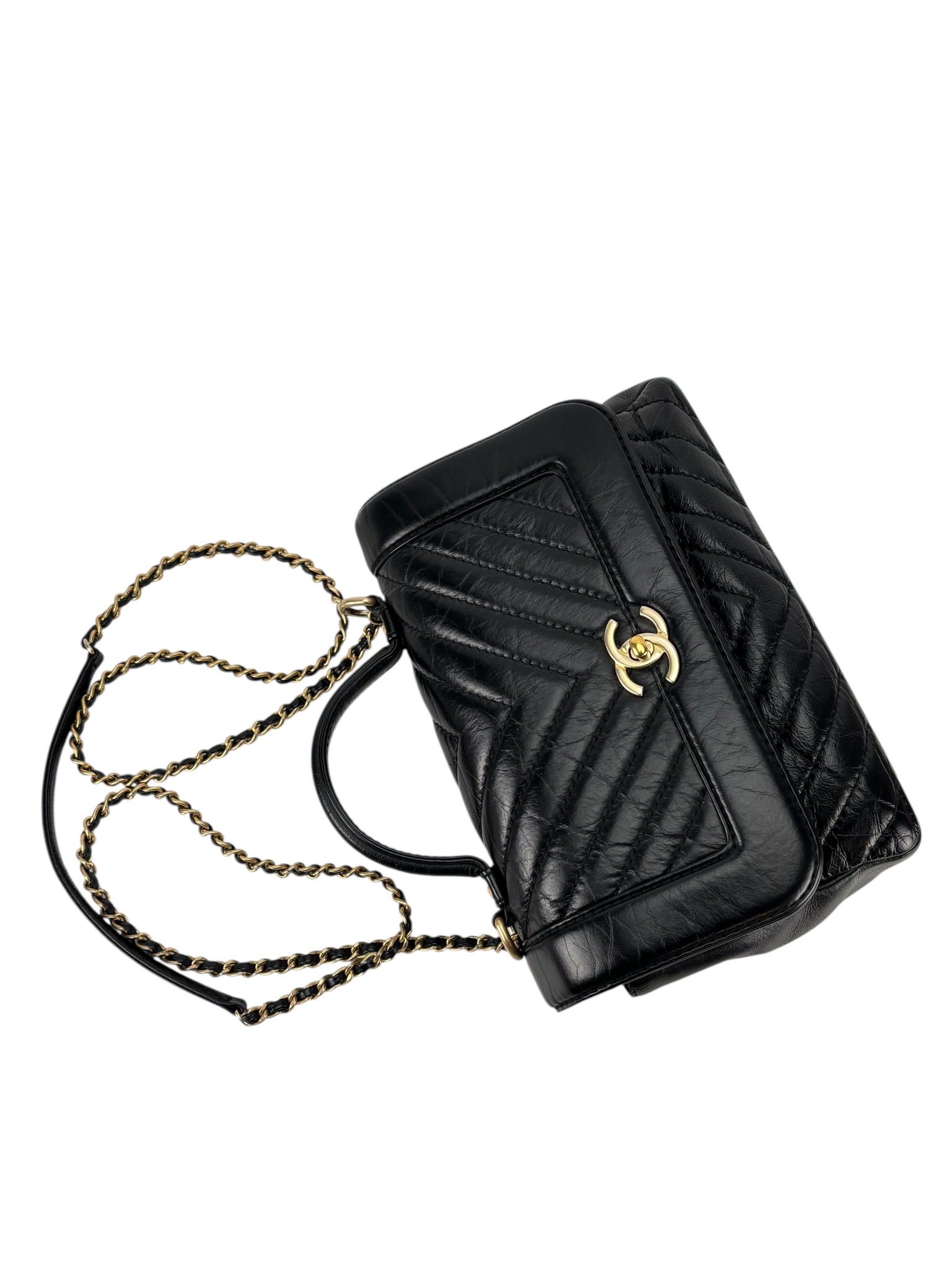 CHANEL - Black Calfskin Top Handle Flap Bag Chevron Crossbody Bag