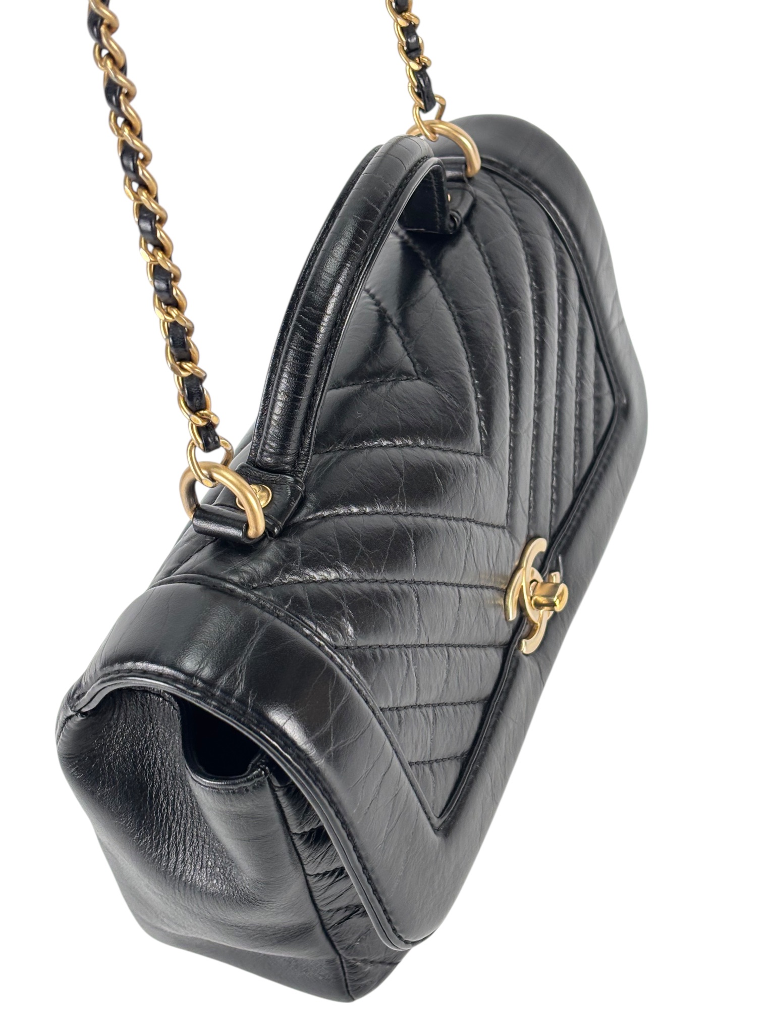 CHANEL - Black Calfskin Top Handle Flap Bag Chevron Crossbody Bag