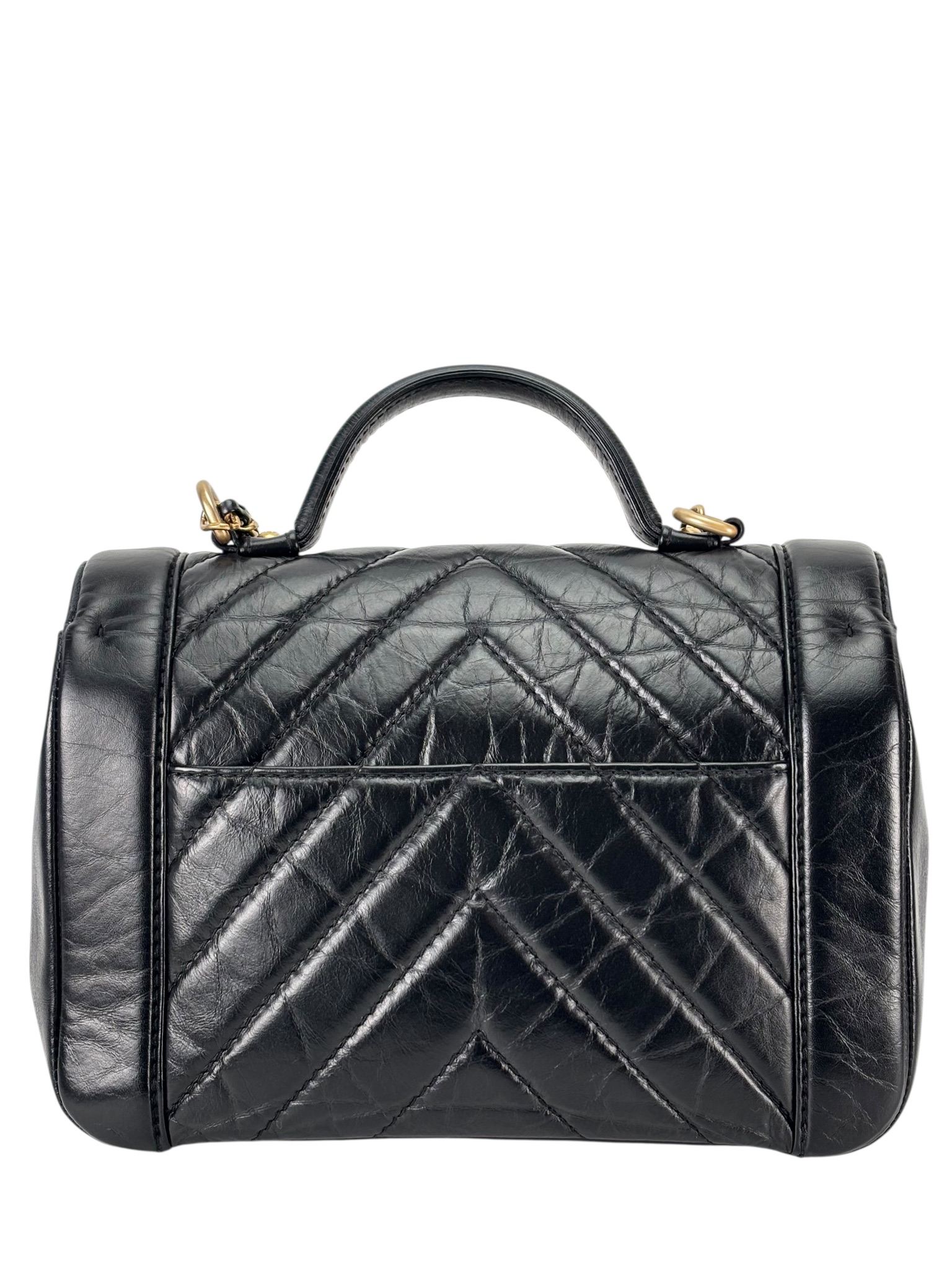 CHANEL - Black Calfskin Top Handle Flap Bag Chevron Crossbody Bag