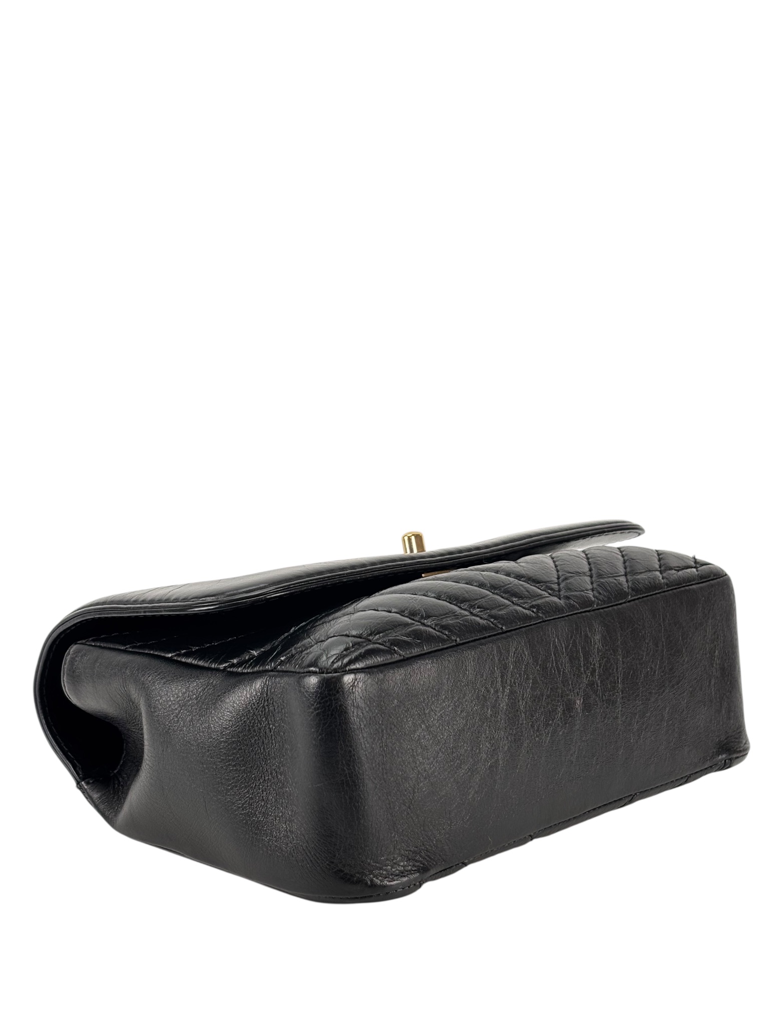 CHANEL - Black Calfskin Top Handle Flap Bag Chevron Crossbody Bag