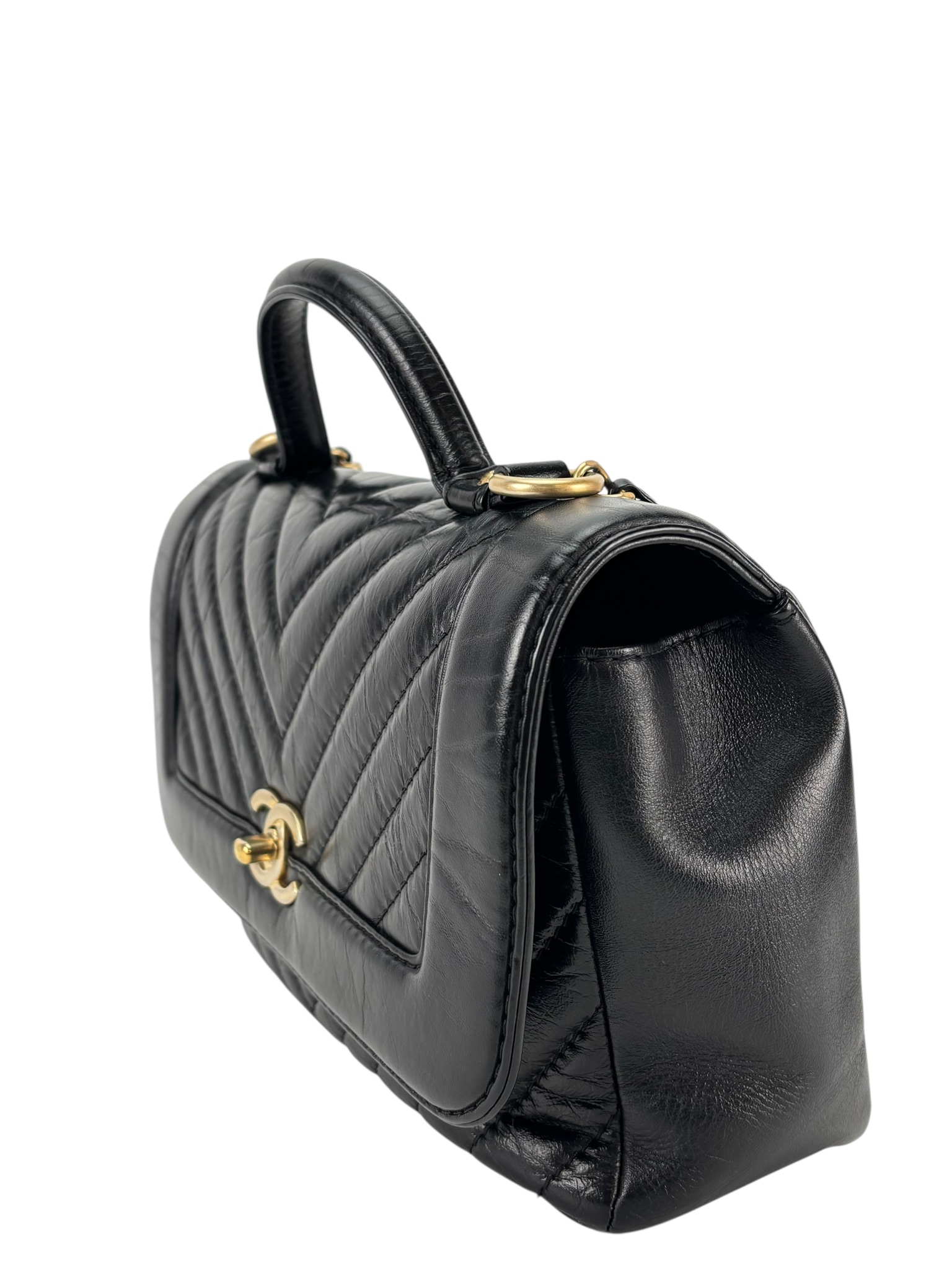 CHANEL - Black Calfskin Top Handle Flap Bag Chevron Crossbody Bag