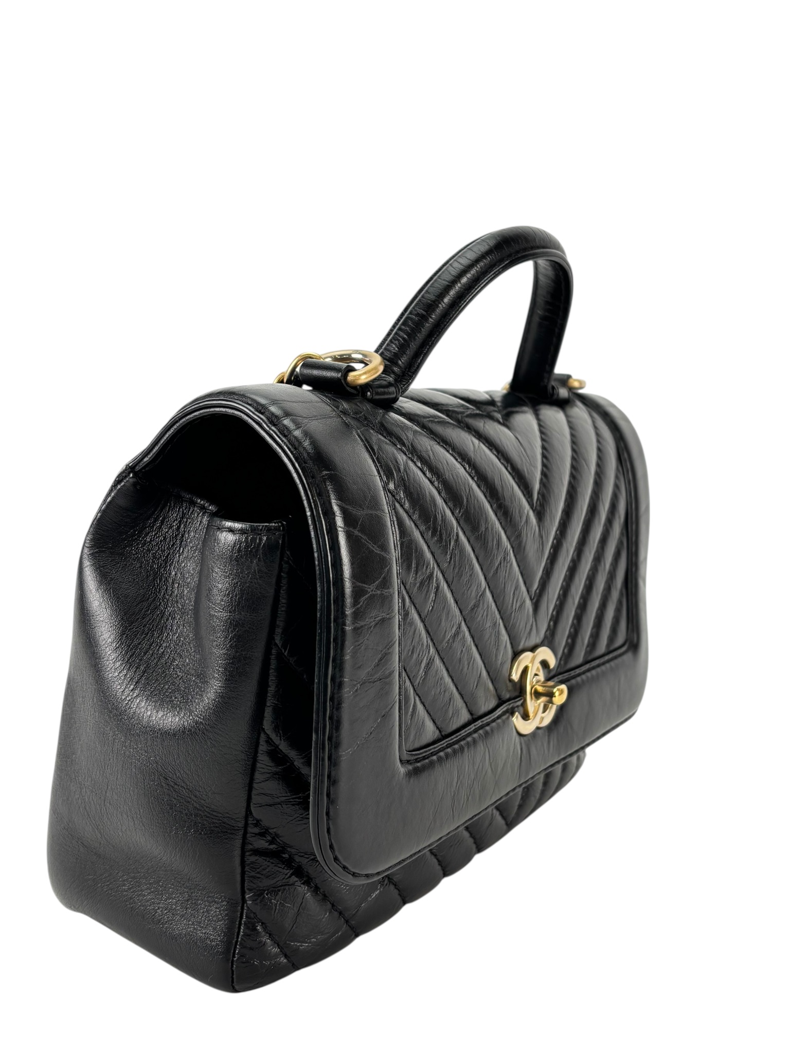 CHANEL - Black Calfskin Top Handle Flap Bag Chevron Crossbody Bag