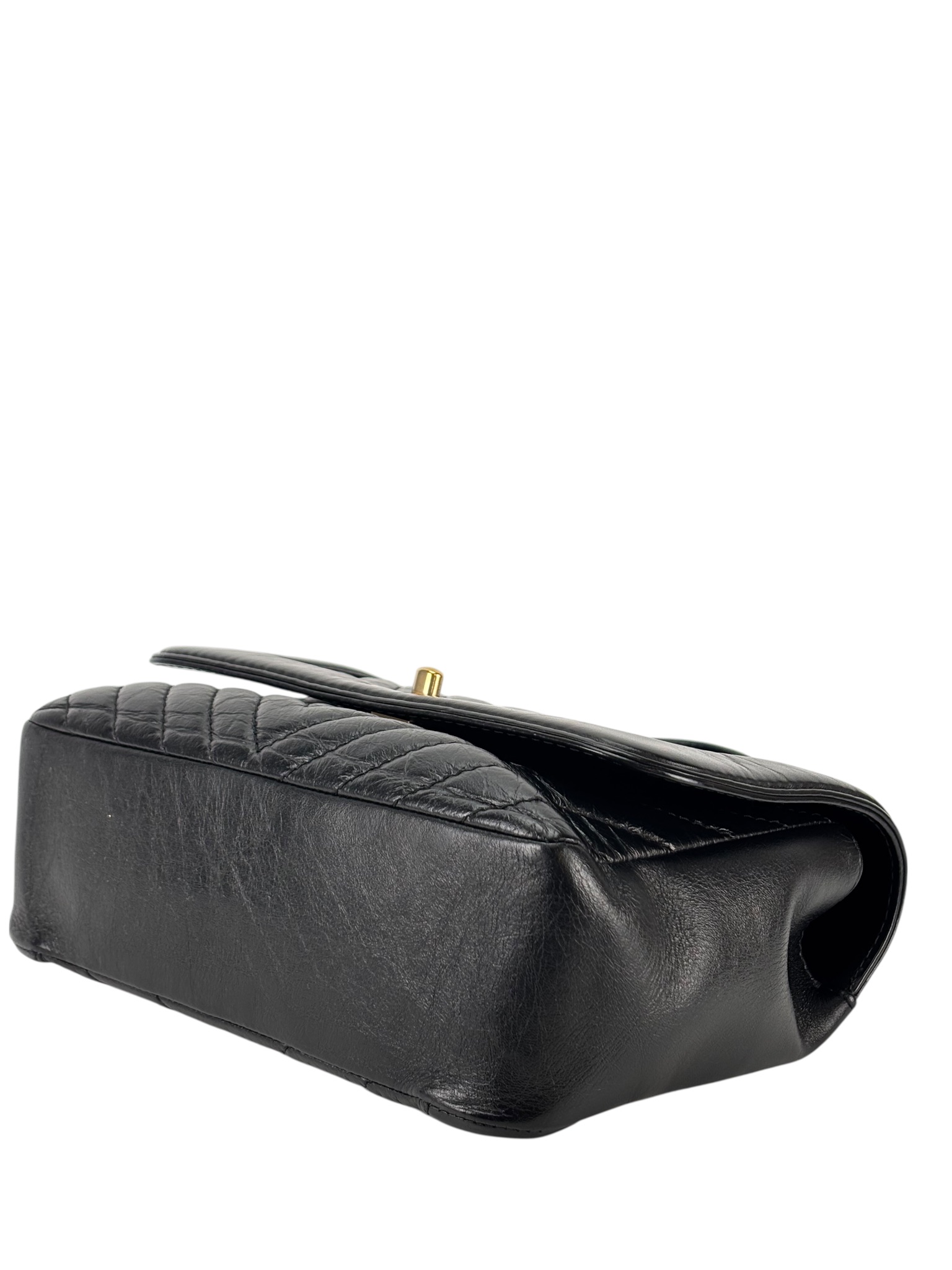 CHANEL - Black Calfskin Top Handle Flap Bag Chevron Crossbody Bag