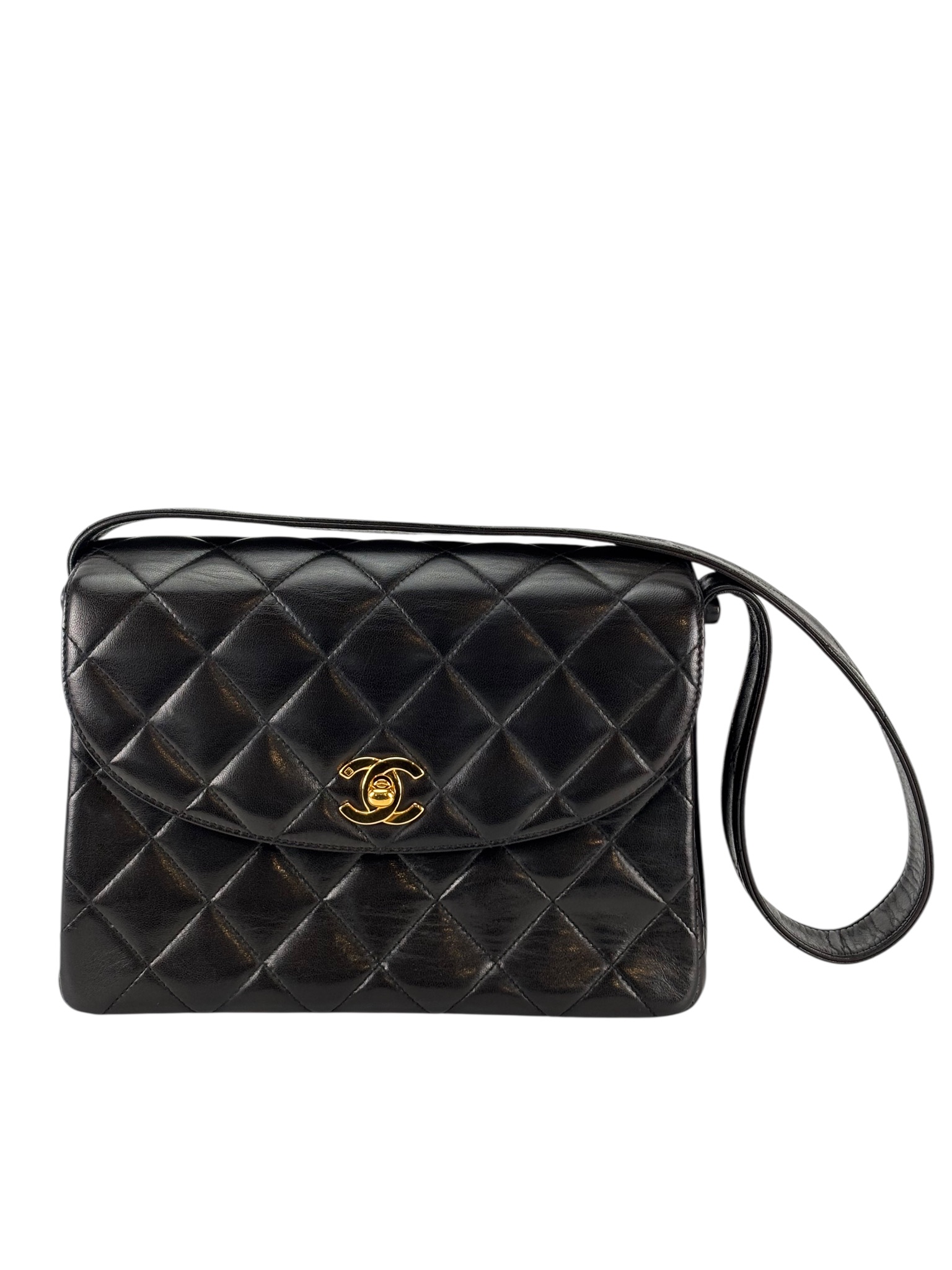 CHANEL - Black Lambskin Half Moon Flap Shoulder Bag Gold Hardware