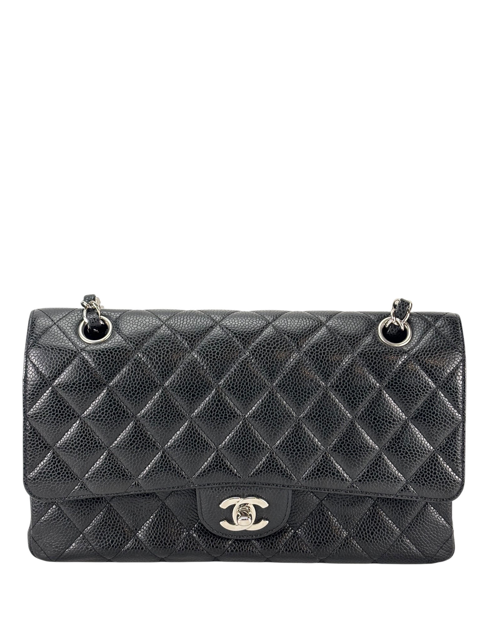 CHANEL - Medium Classic Double Flap Bag Black Caviar Sliver Hardware (CF25)