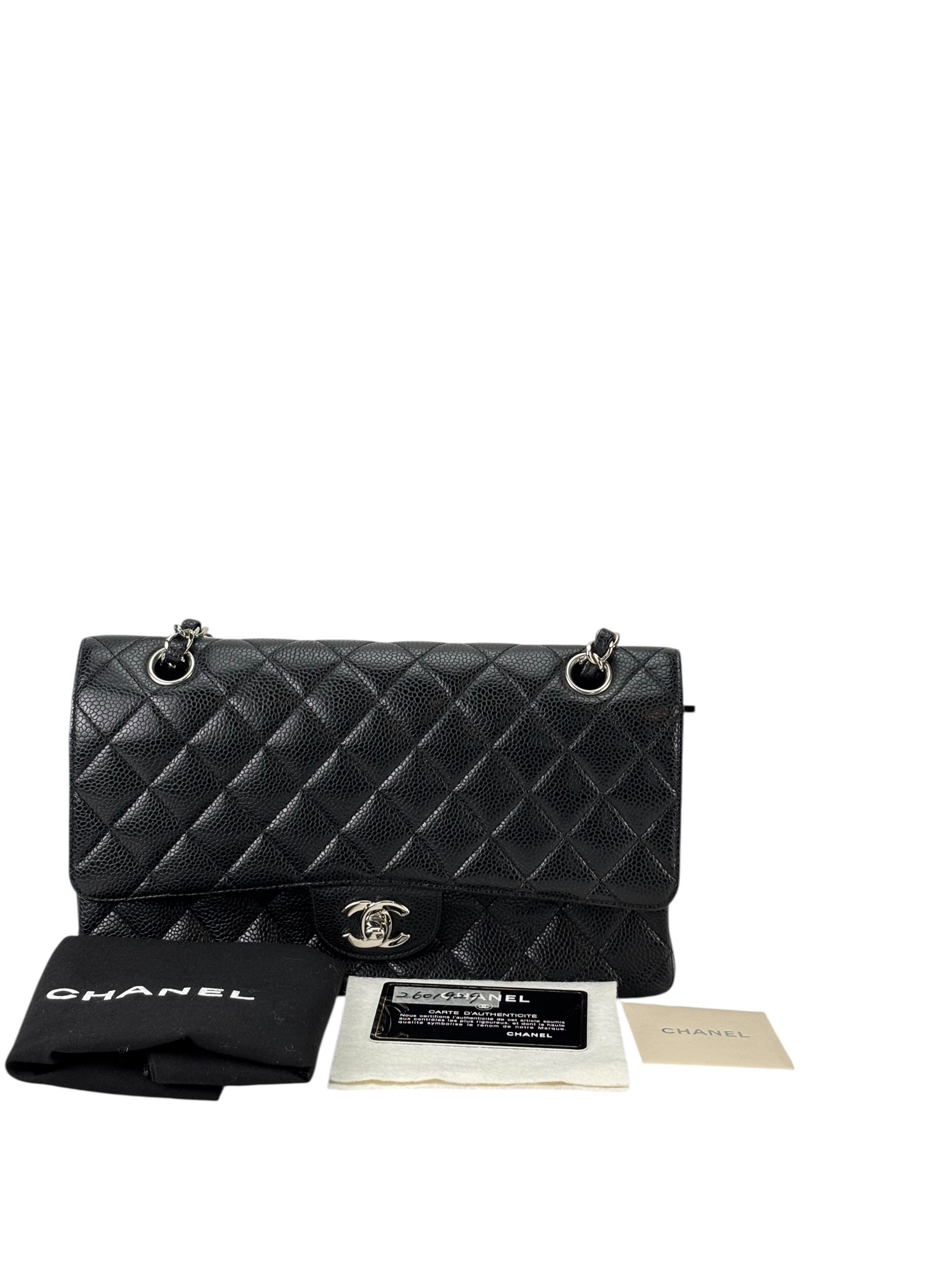 CHANEL - Medium Classic Double Flap Bag Black Caviar Sliver Hardware (CF25)