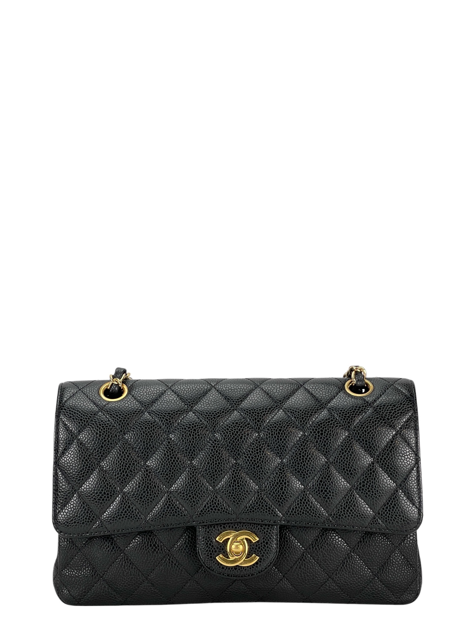 CHANEL - Medium Classic Double Flap Bag Black Calfskin Gold Hardware (CF25)