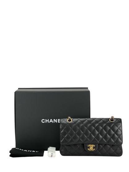 CHANEL - Medium Classic Double Flap Bag Black Calfskin Gold Hardware (CF25)