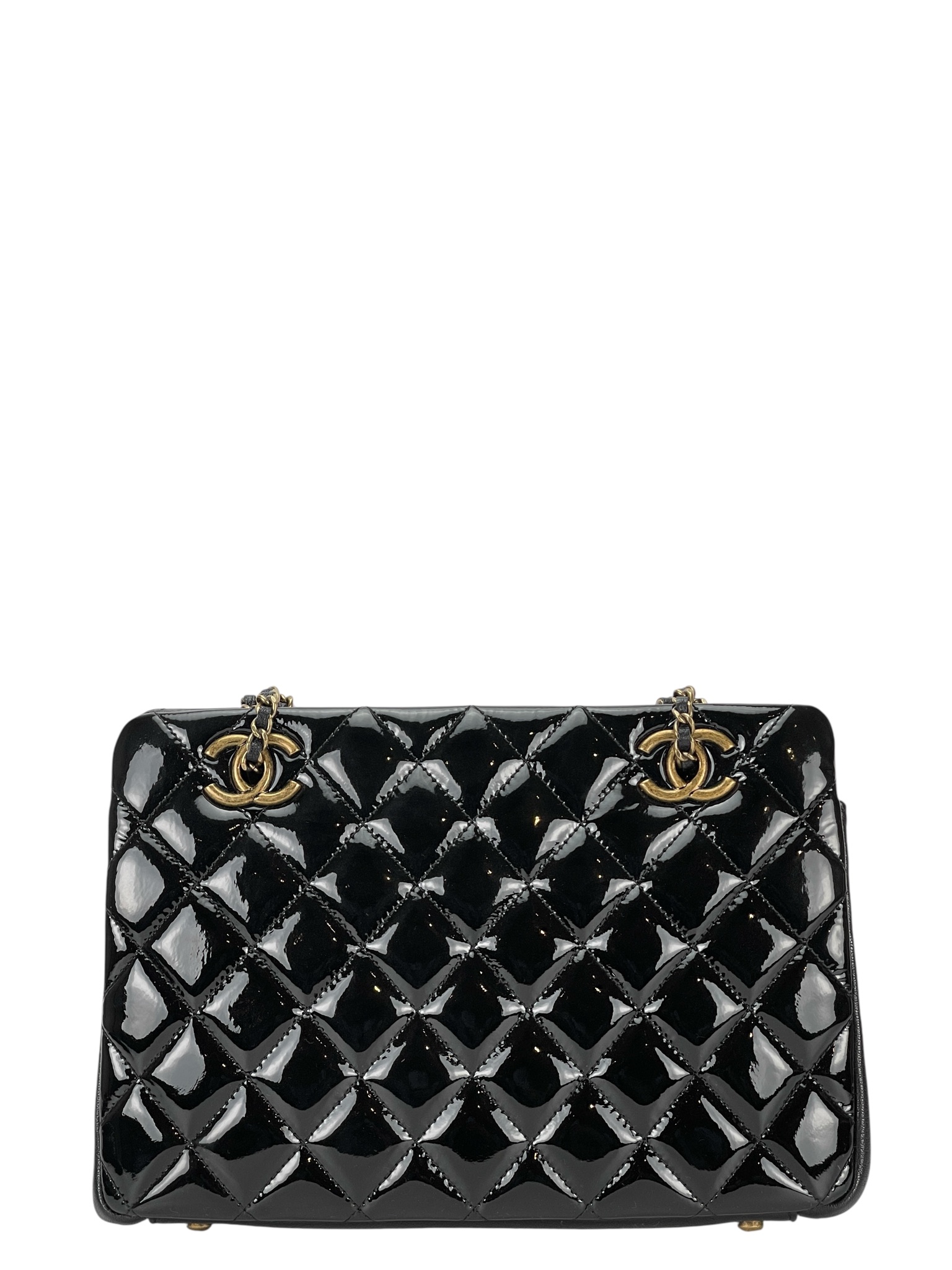 CHANEL - Patent Calfskin Quilted Small CC Eyelet Tote Black