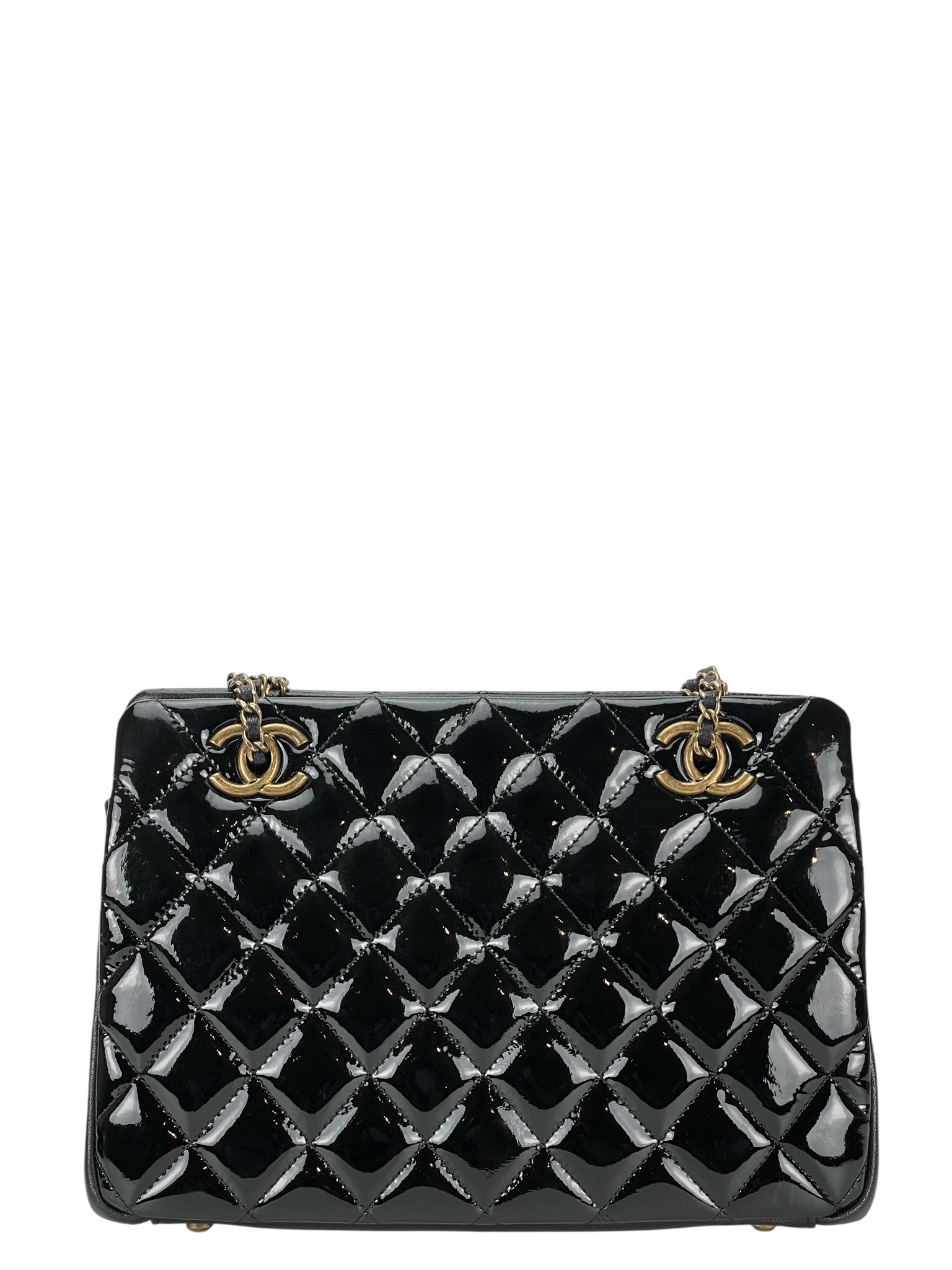 CHANEL - Patent Calfskin Quilted Small CC Eyelet Tote Black