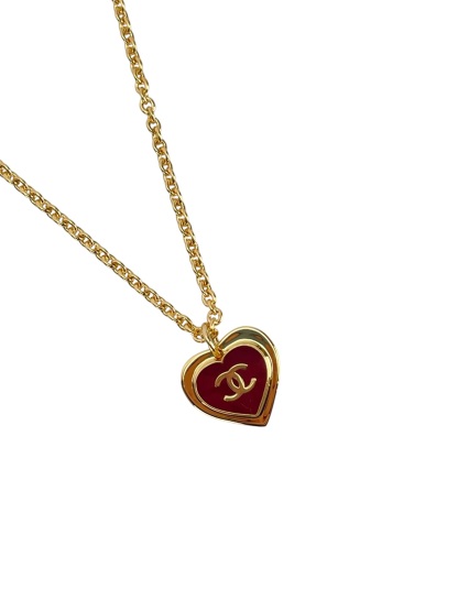 CHANEL - 26P Red Gold Heart CC Pendant Necklace