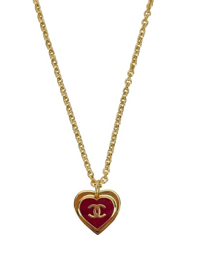 CHANEL - 26P Red Gold Heart CC Pendant Necklace