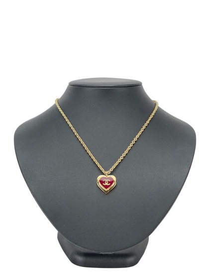 CHANEL - 26P Red Gold Heart CC Pendant Necklace