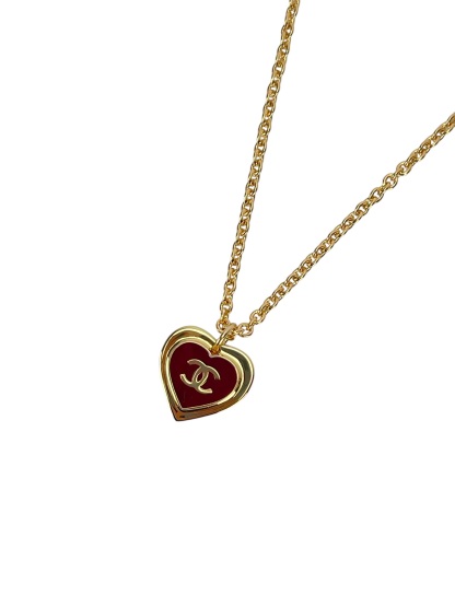CHANEL - 26P Red Gold Heart CC Pendant Necklace