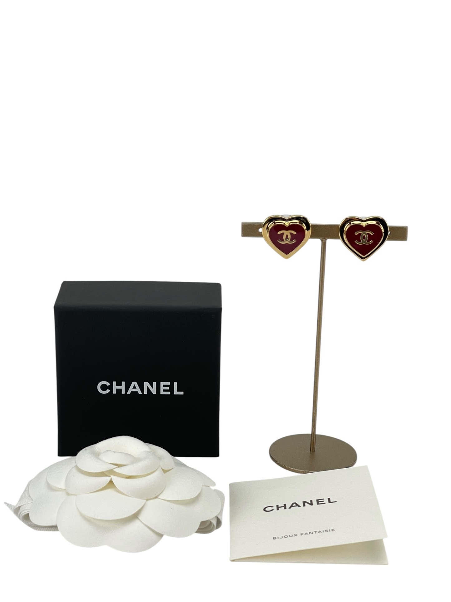 CHANEL - 26P Red Gold Heart CC Logo Stud Earrings