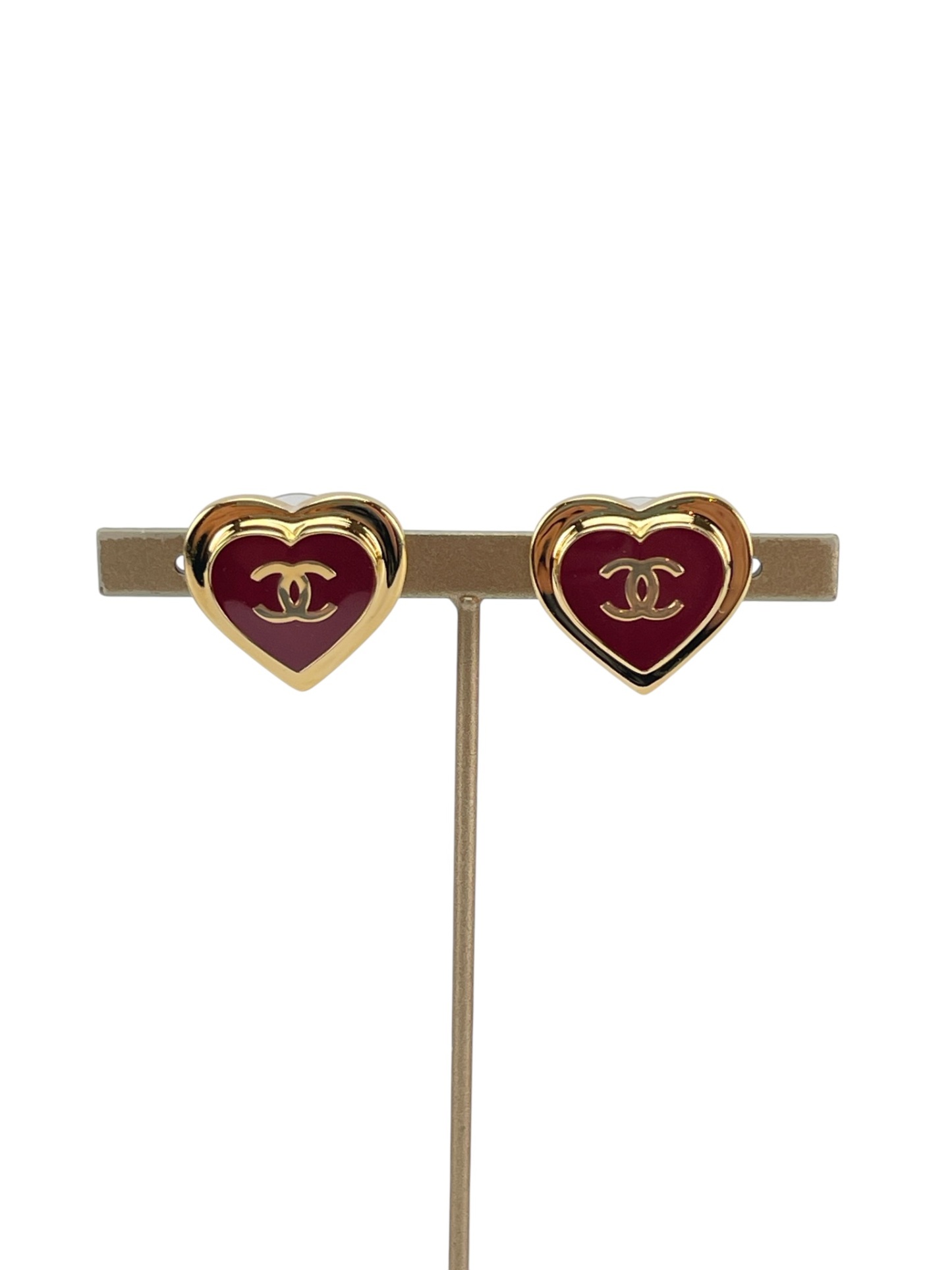 CHANEL - 26P Red Gold Heart CC Logo Stud Earrings